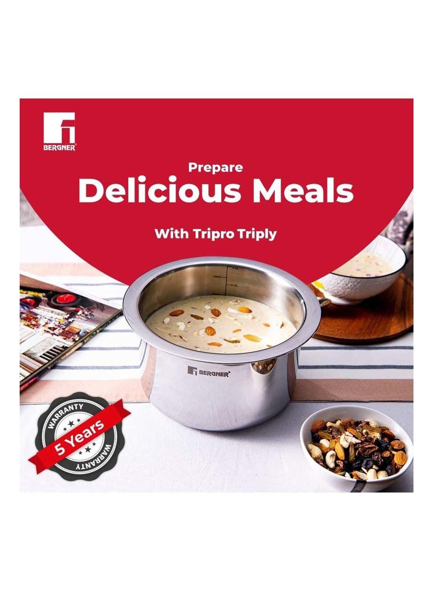 Bergner Tripro Silver Stainless Steel 20 cm Induction Friendly Triply Cooking Pot With Lid (3.1 L)