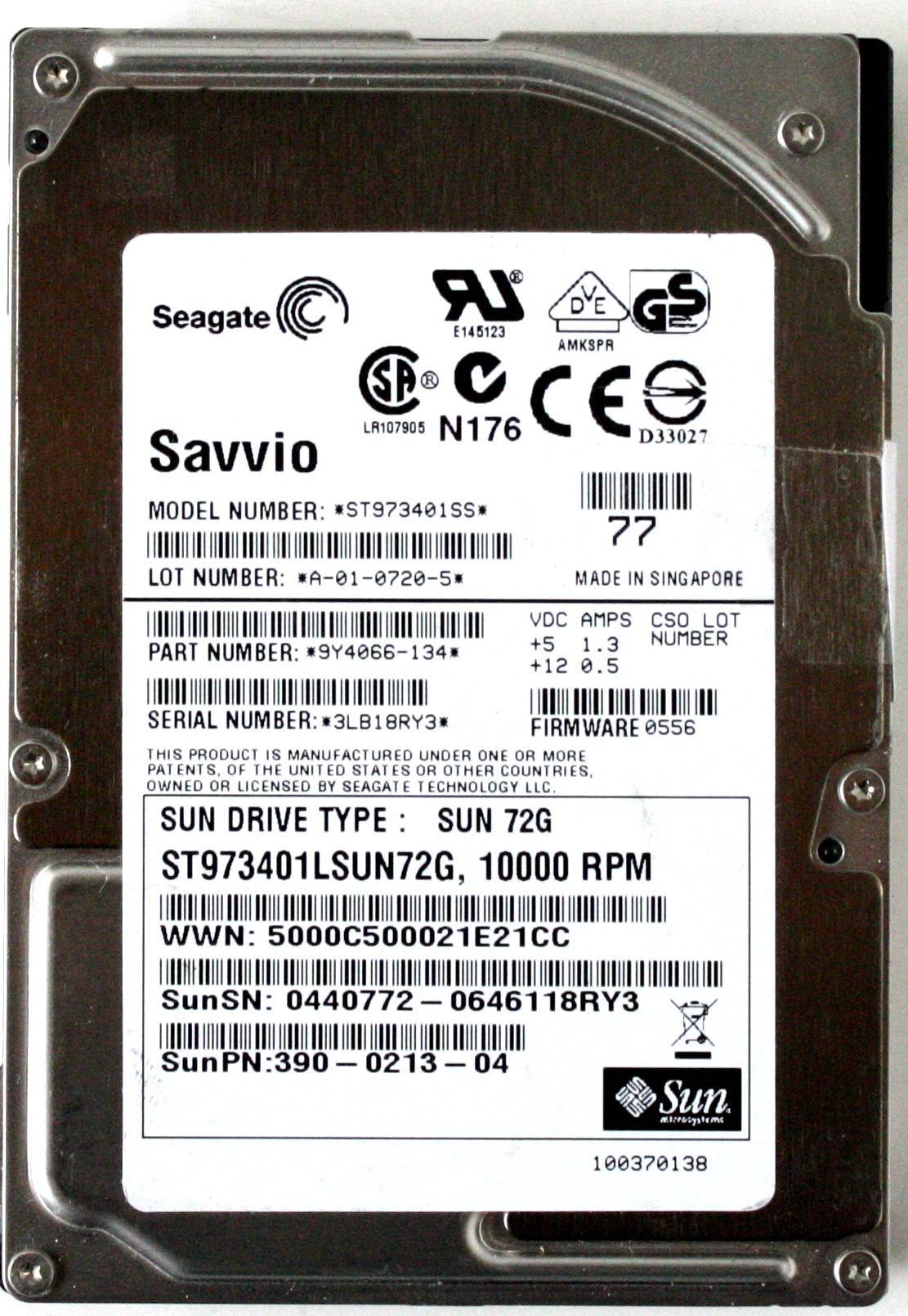 73GB 10K HDD,9Y4066-134,390-0313-04,FW:0556,ST973401LSUN72G,2.5\"