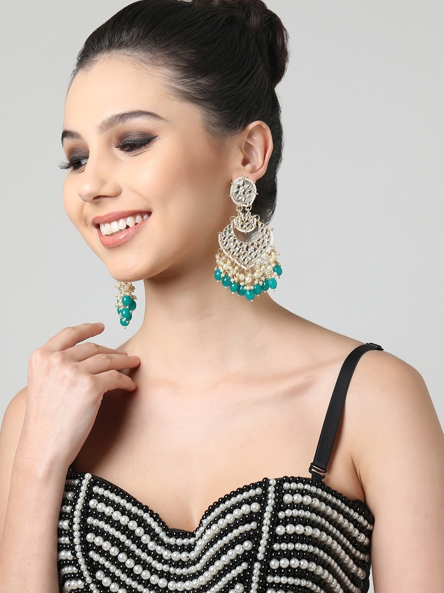 Zaveri Pearls Green Beads Traditional Kundan & Pearls Dangler Earrings - ZPFK11017