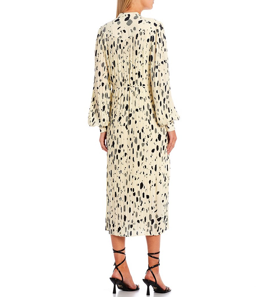 Ted Baker London Suzzyy Abstract Dot Print Split Round Neck Blouson Sleeve Button Front Tie Waist Belt Plisse Midi Dress