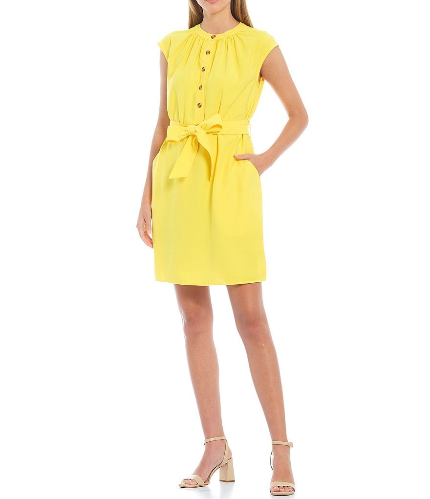 A Loves A Mandarin Collar Twill Cap Sleeve Shirt Dress