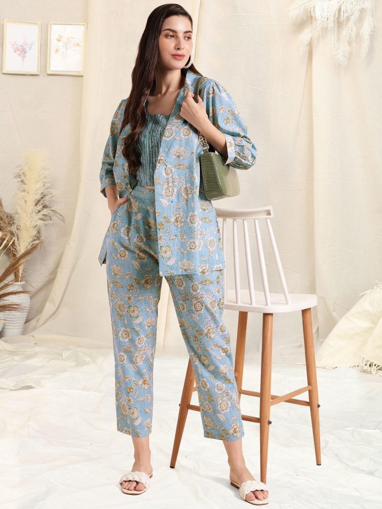 MIRCHI FASHION Sky Blue Cotton Printed Top Pant Set With Jacket