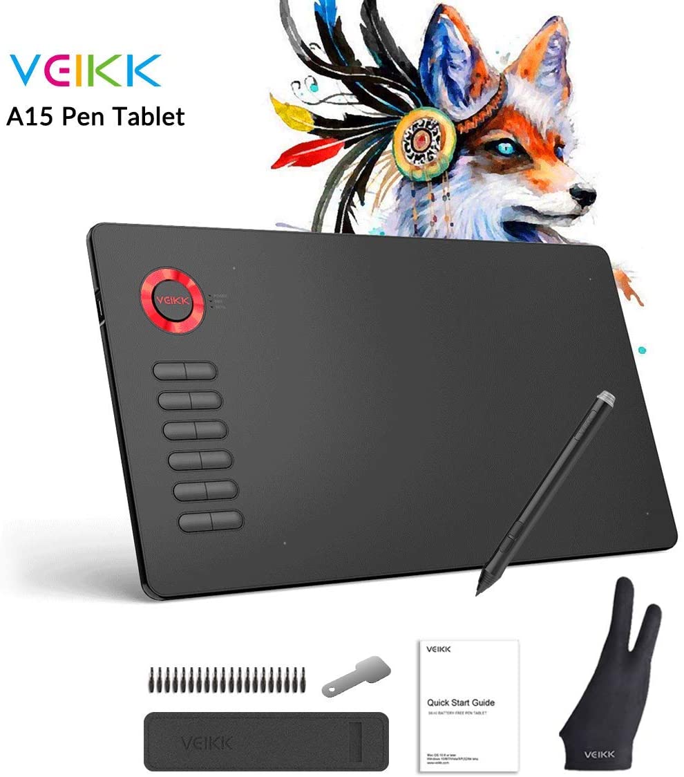 Graphics Drawing Tablet VEIKK A15 10x6 inch Graphic Pen Tablet with Battery-Free Passive Stylus and 12 Shortcut Keys
