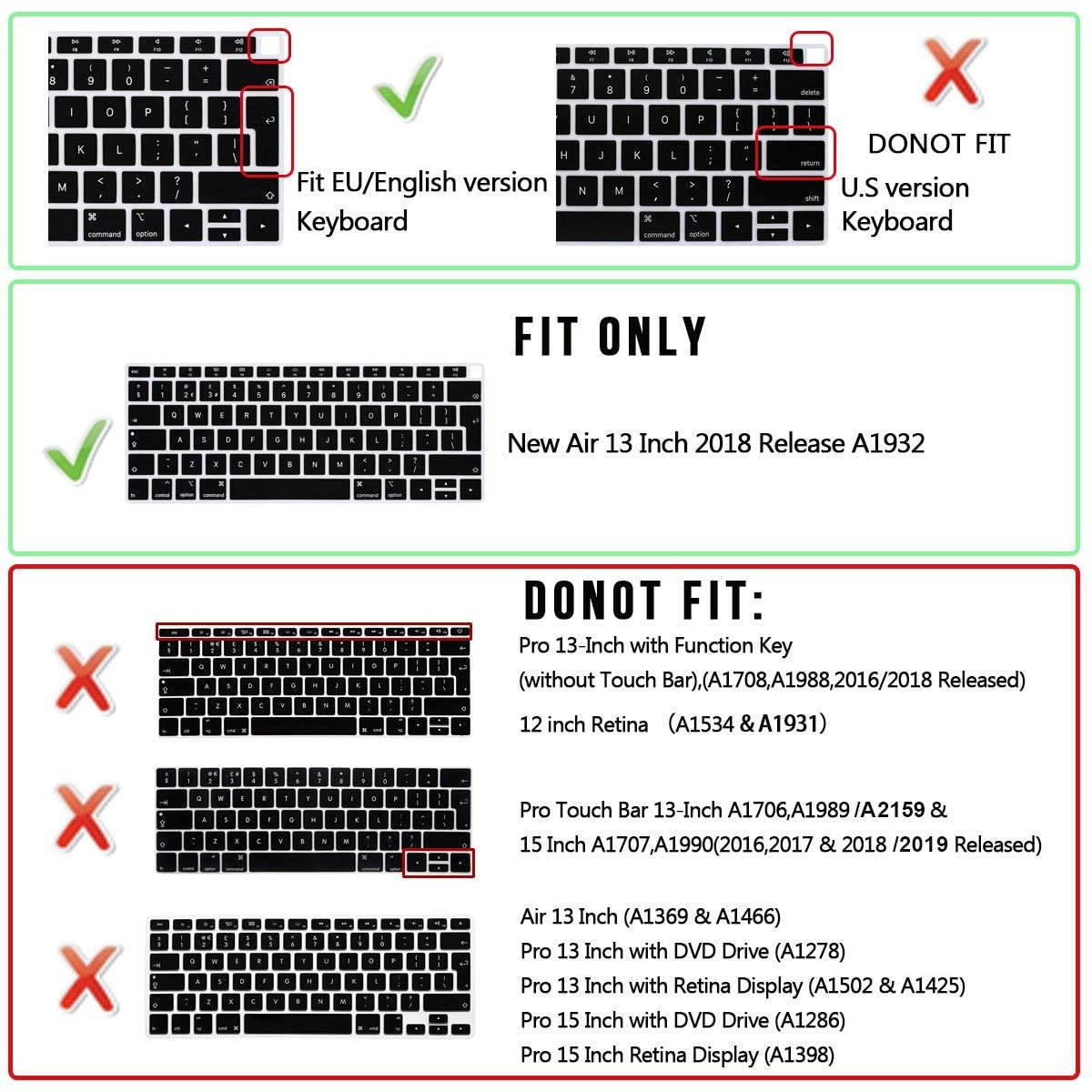 WYGCH AZERTY French Language Keyboard Cover Compatible with MacBook Air 2018 [13.3 inch A1932 with Retina Display and Touch ID] Silicone Soft Protector,European Version