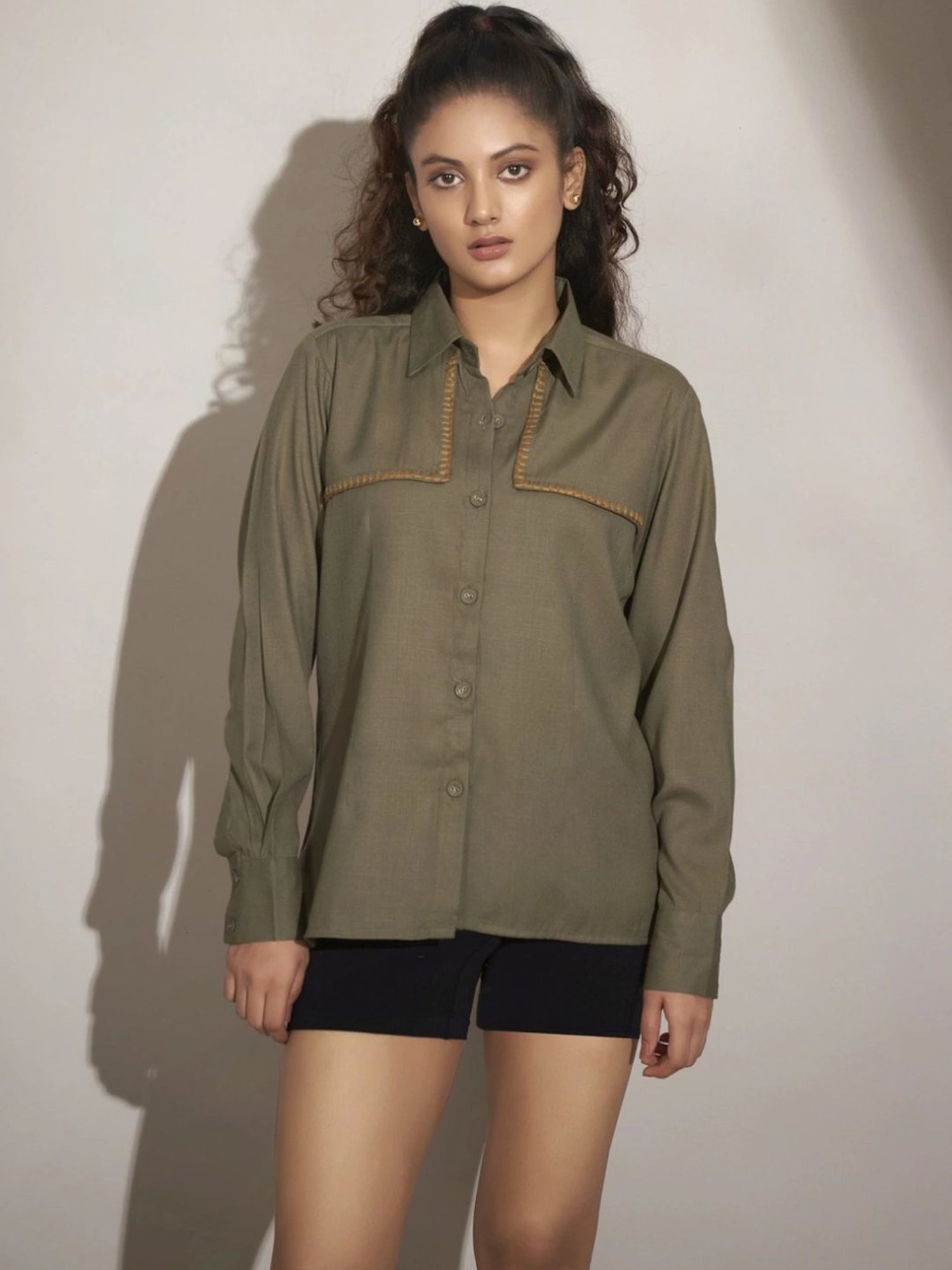 Kaftanize Green Linen Fornt Panel Shirt with Thread Work Embroidery