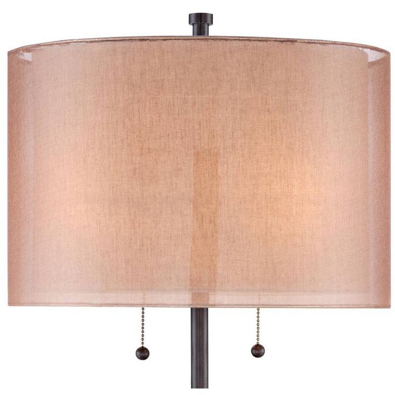 Franklin Iron Works Modern Bronze Metal Base Rose Gold Soft Tan Linen Fabric Double Drum Shade for Living Room Family Bedroom