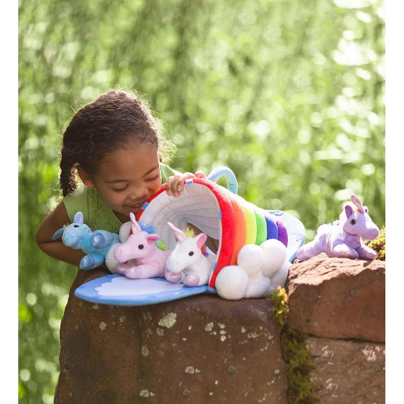 HearthSong Portable Plush Rainbow Unicorn Play Set with Four Unicorns and Rainbow Cottage