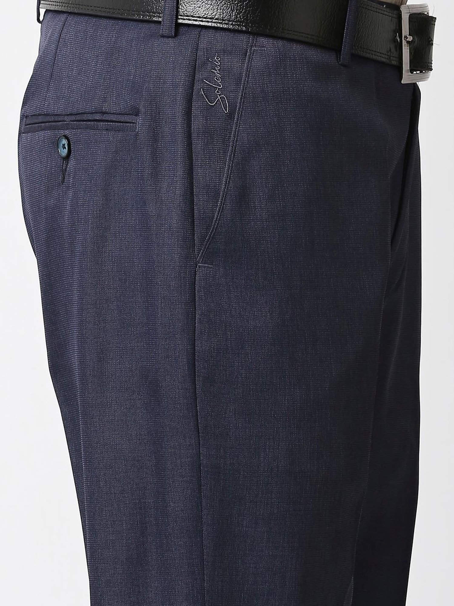 SOLEMIO Navy Regular Fit Flat Front Trousers