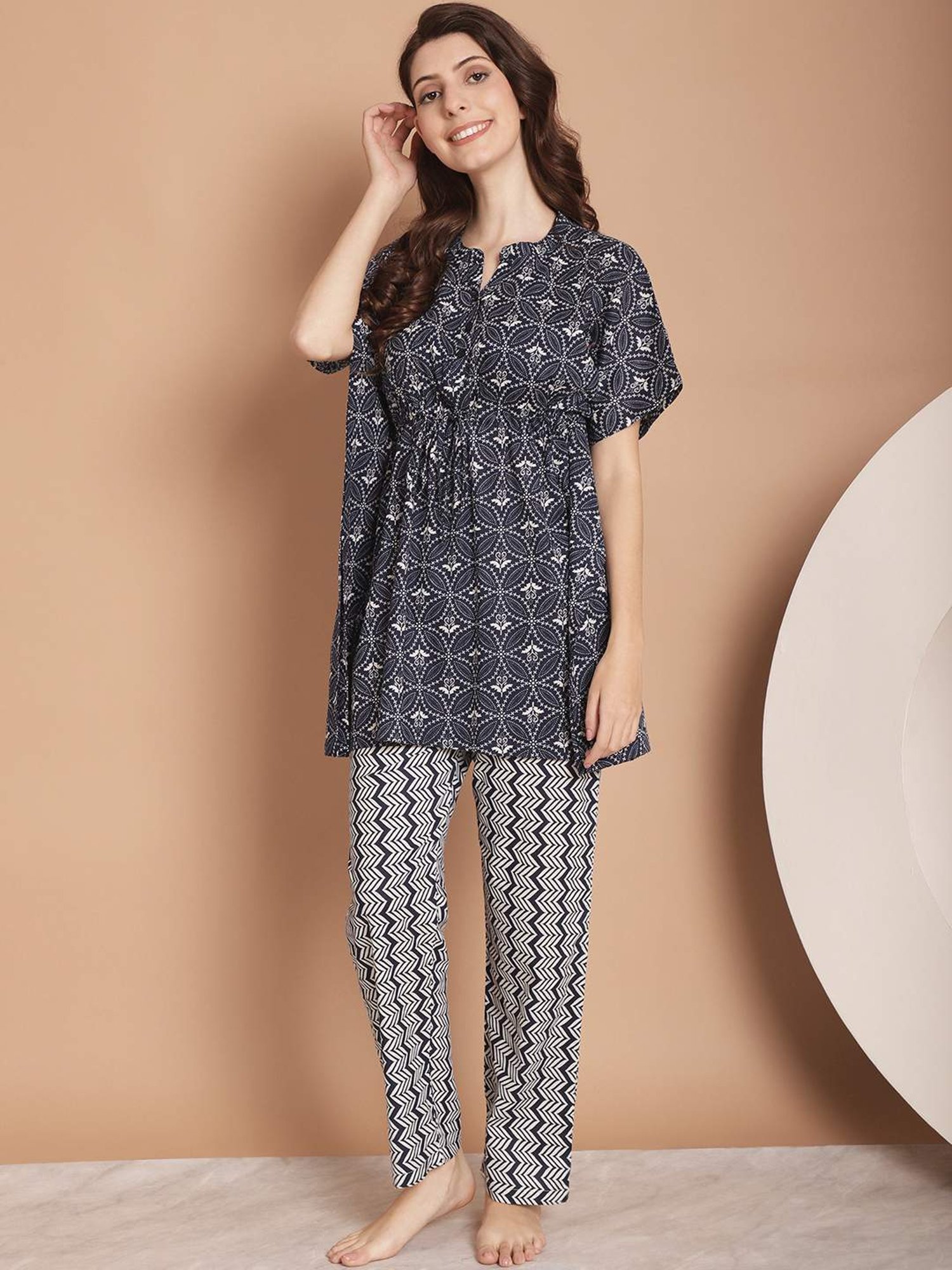 Kanvin Navy Cotton Printed Tunic Pyjamas Set
