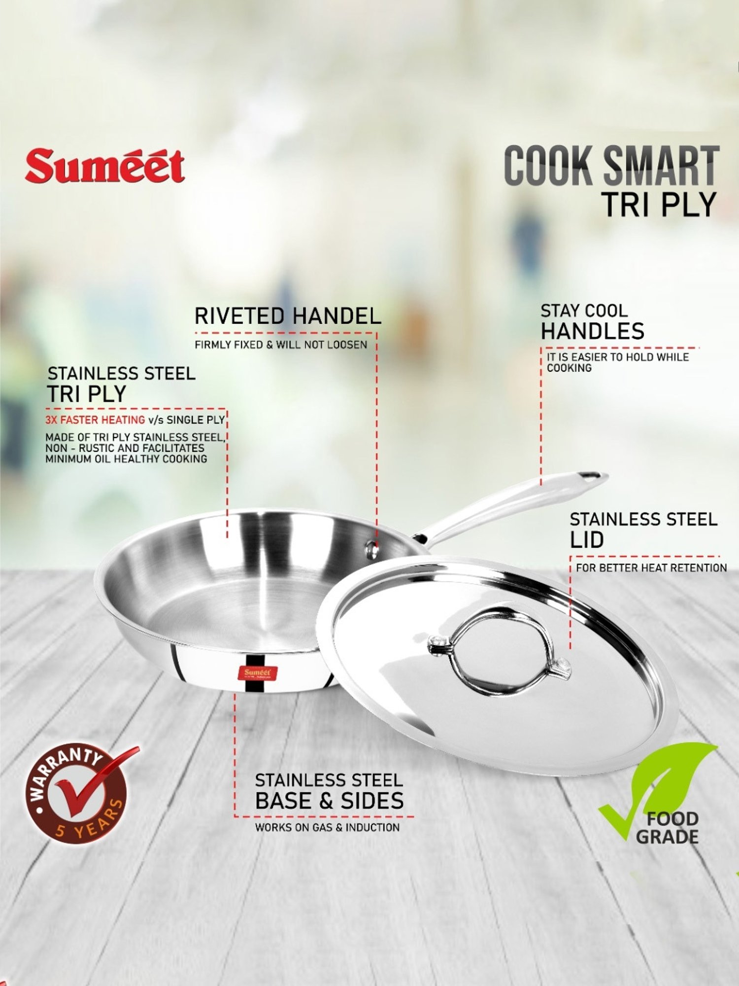 Sumeet Cook Smart TriPly SAS (Steel-Aluminium-Steel - 3 Layers) Fry Pan with Lid - 1.4 Ltr - 23.6Cm