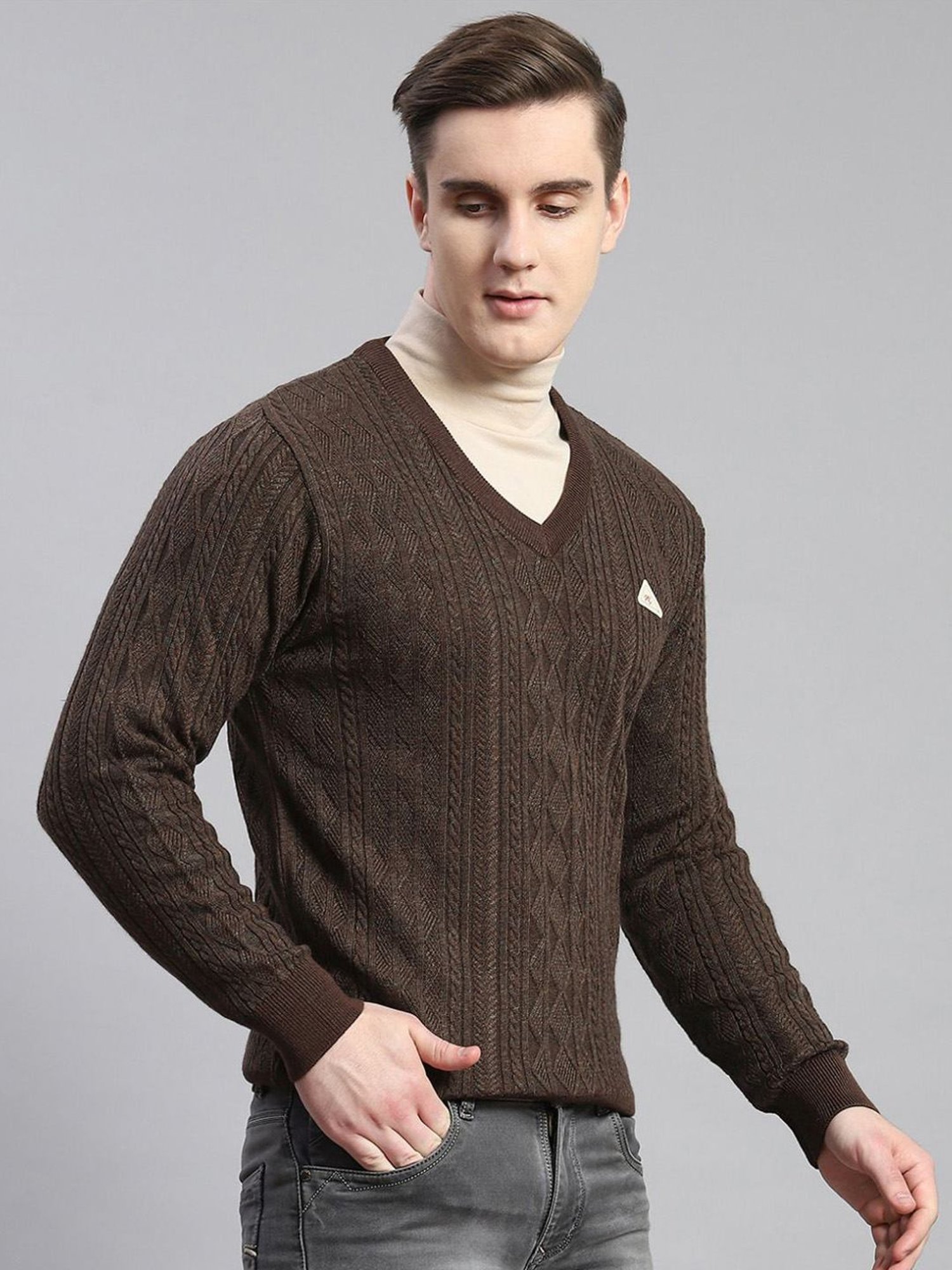 Monte Carlo Dark Brown Regular Fit Self Pattern Sweater