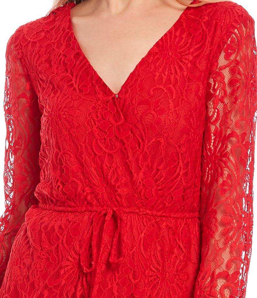 City Vibe Long-Sleeve Surplice V-Neck Lace Tiered Faux-Wrap Dress