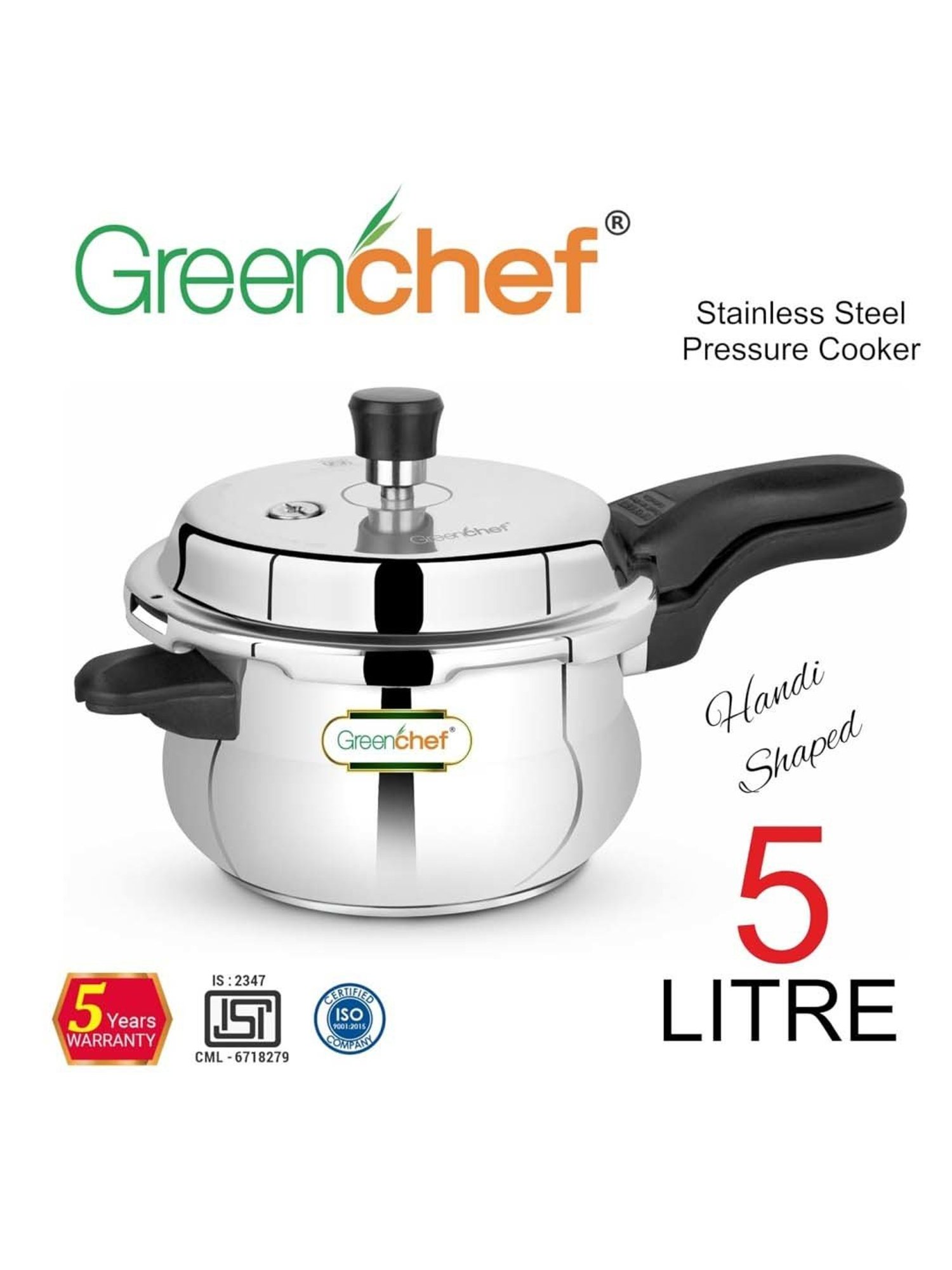 Greenchef Classic Curve Silver Stainless Steel Induction Bottom Pressure Cooker (5 L)