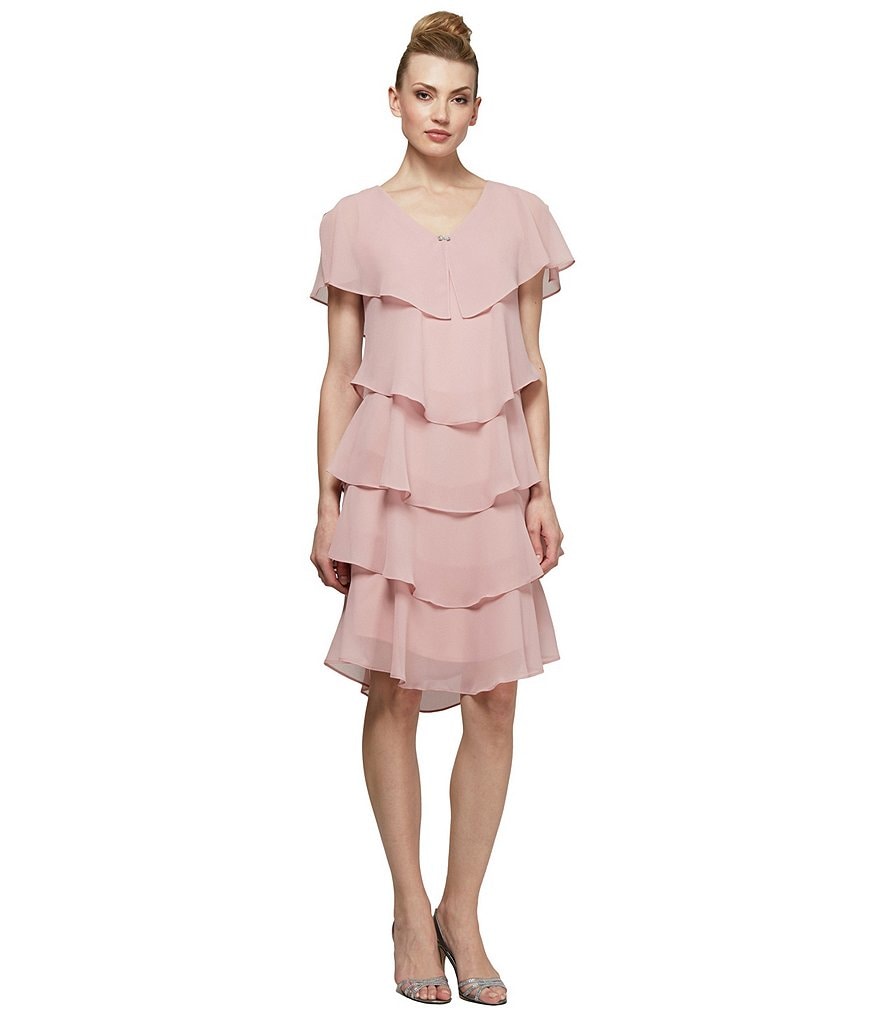 Kay Unger Long Bishop Sleeve V-Neck Crepe A-Line Dress