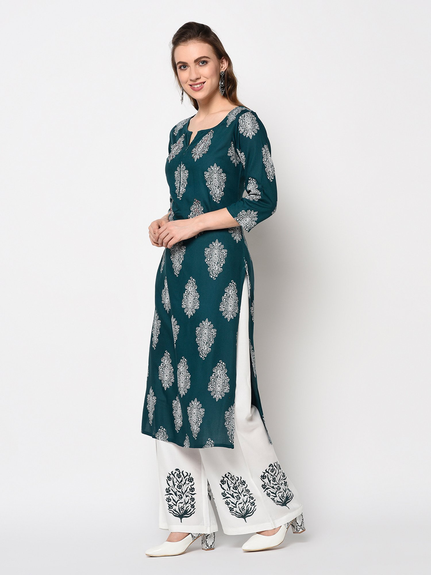 Yufta Green Straight Fit Kurta with Palazzo & Dupatta