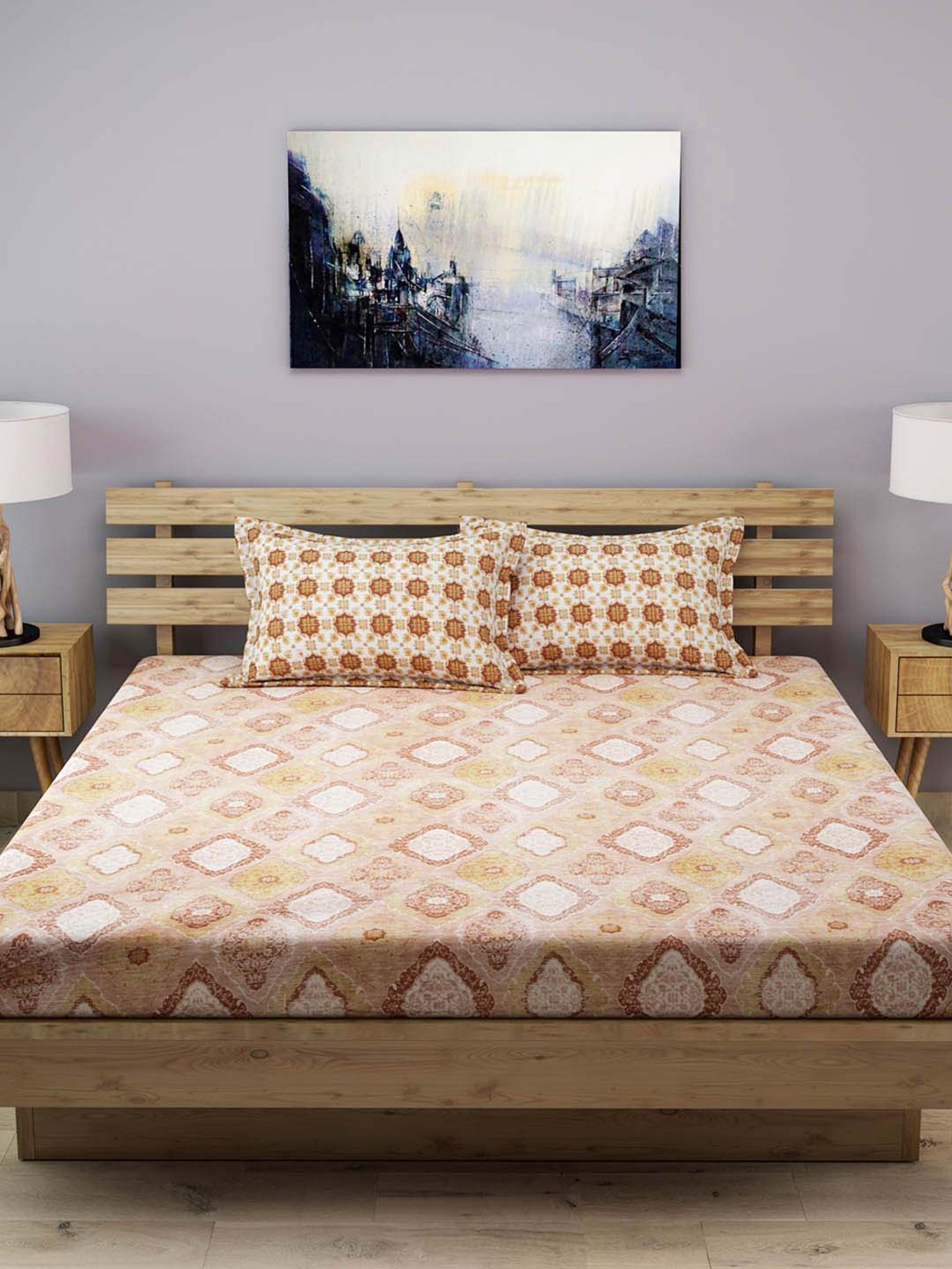 Romee Mustard & Beige 210 TC Bed Sheet Set