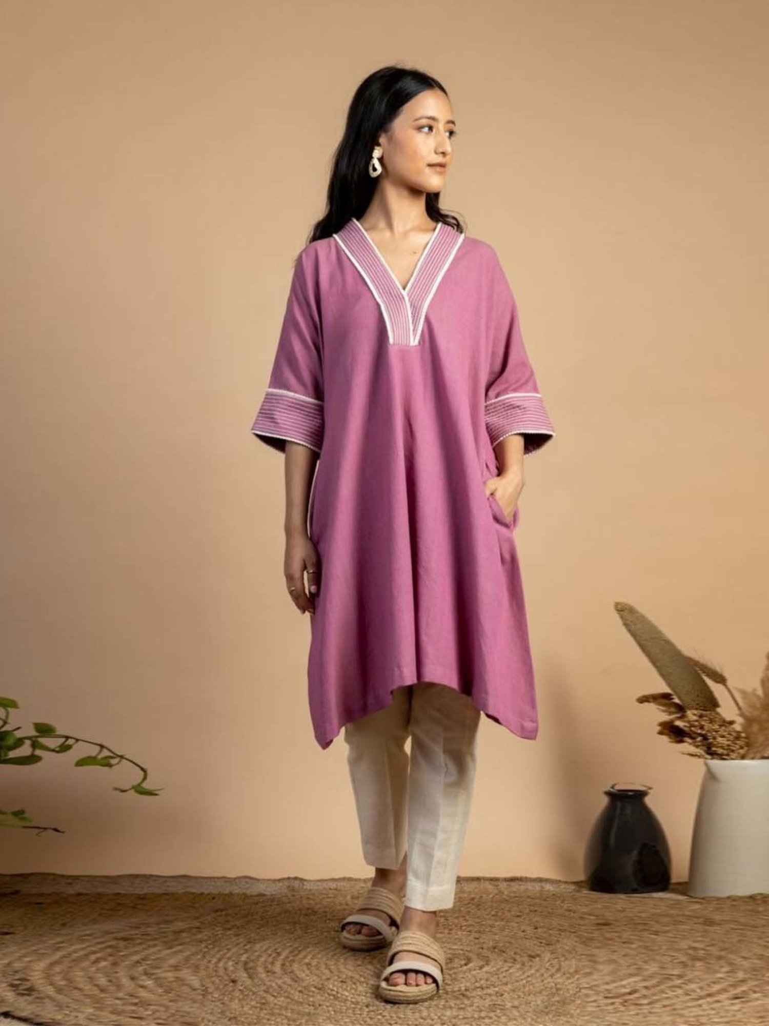 Mushio Magenta Pink Kriti Hand Woven Kaftan Style Kurta