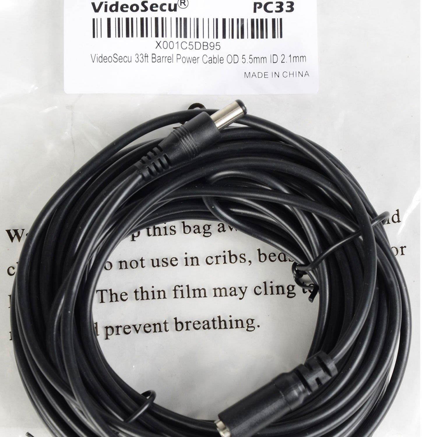 VideoSecu 2.1mm x 5.5mm 12V DC Power Adapter Cable Pigtail Plug Extension Cord 33ft for CCTV Surveillance Camera W2U