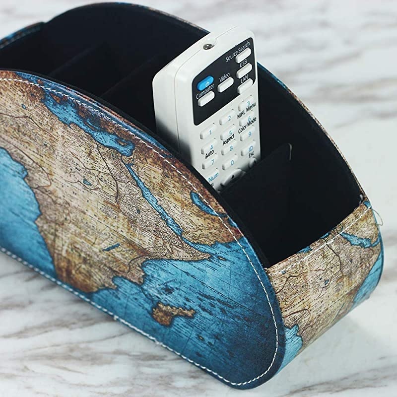 Remote Control Holder, PU Leather Remote Caddy Desktop Organizer with 5 Spacious Compartments for TV Remotes/Media Controllers/Office Supplies(Vintage Map)