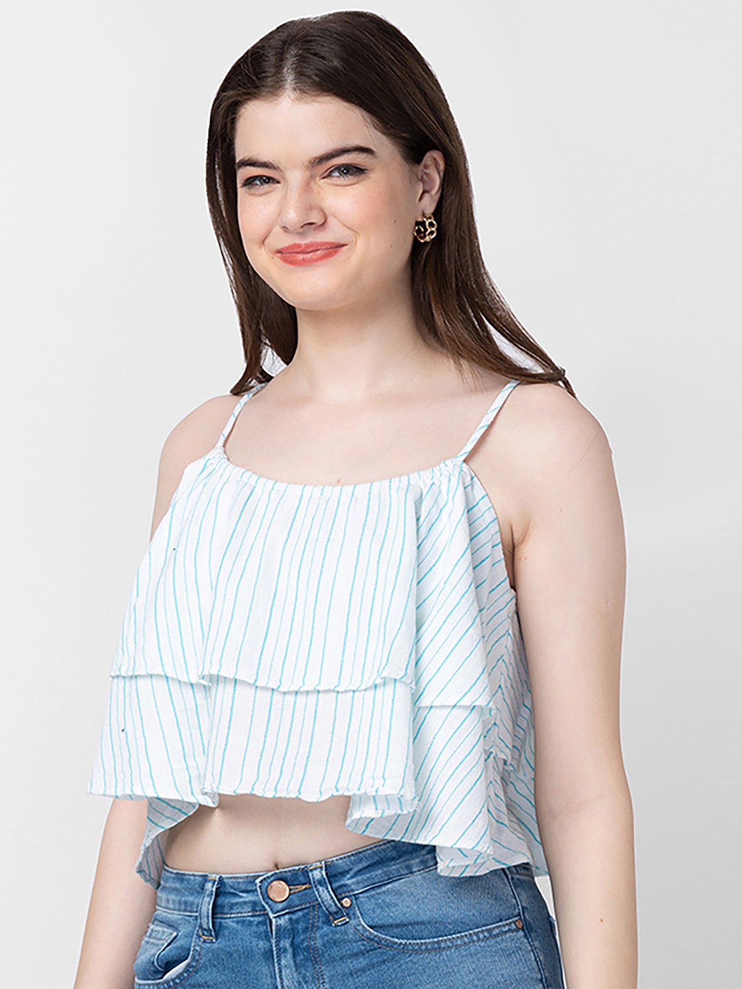 Spykar White & Blue Cotton Crop Top
