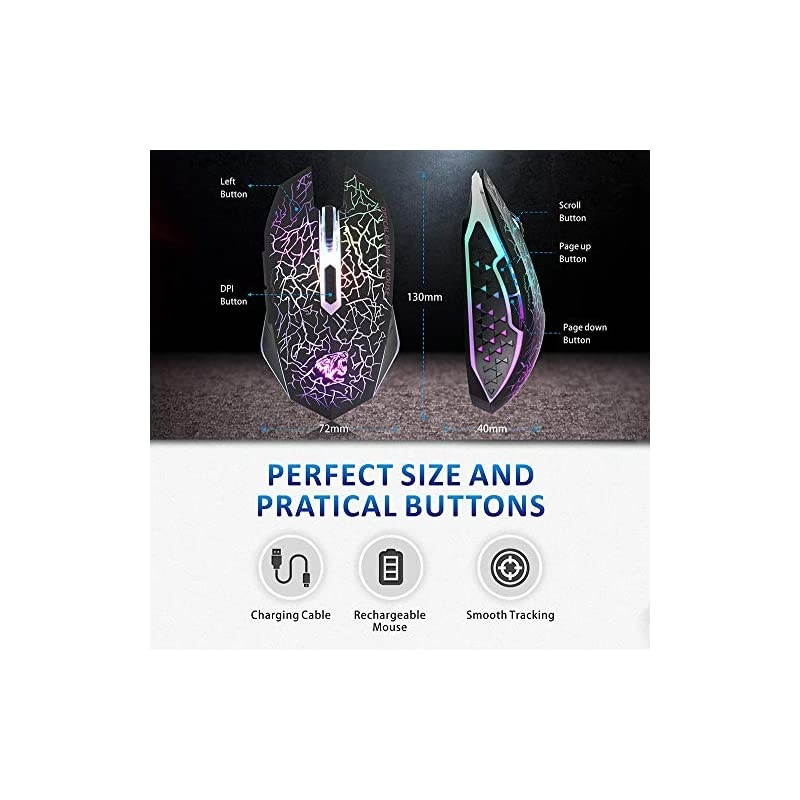 M2 Wireless Gaming Mouse Silent Rechargeable Optical USB Computer Mice Wireless with 7 Color LED Light Ergonomic Design 3 Adjustable DPI Compatible with LaptopPCNotebook 6 Buttons Black