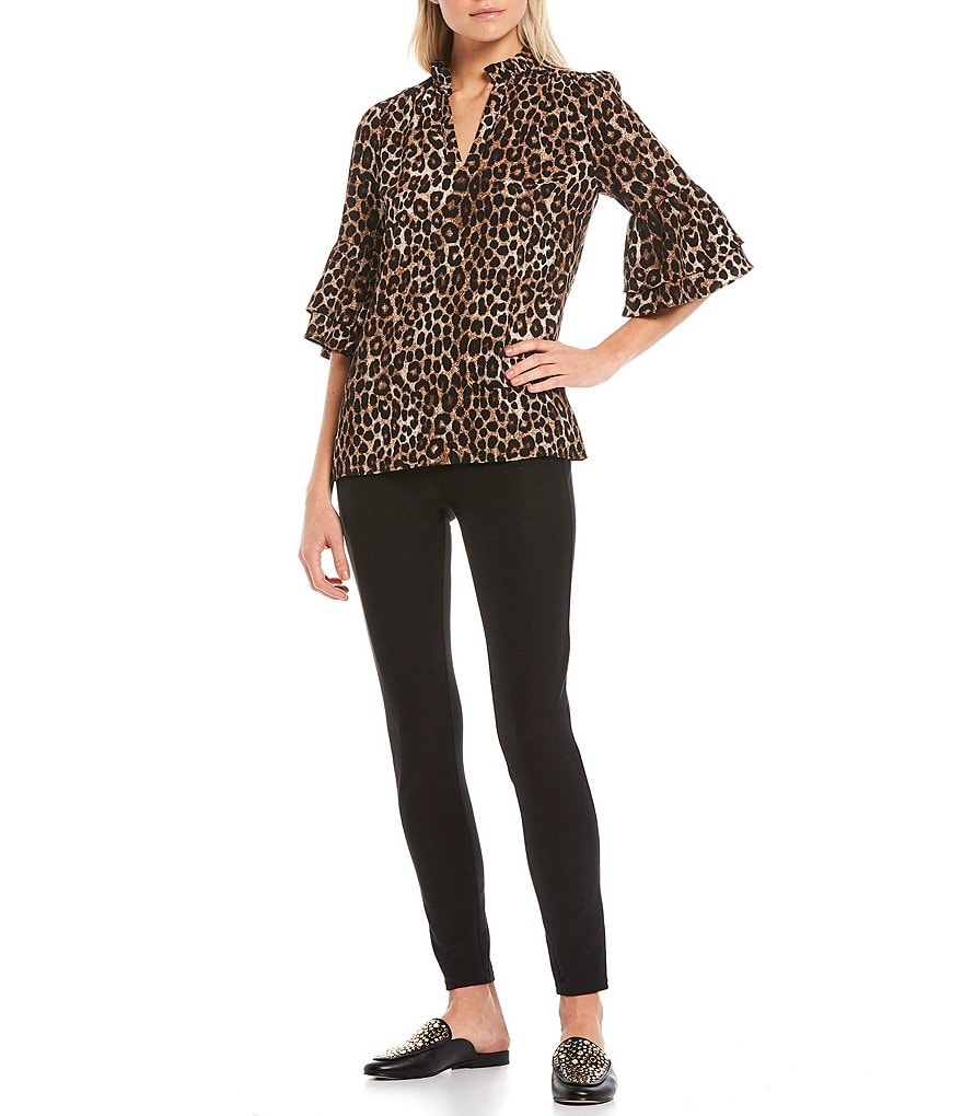 MICHAEL Michael Kors Cheetah Print Textured Crepe Flounce Cuff Ruffle Trim V-Neck Top