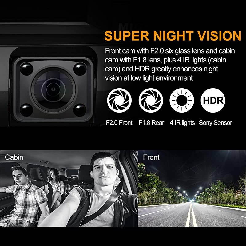 C2 Dash Cam with Infrared Night Vision Dual 1080P Front and Inside Dash Camera for Cars Truck Taxi