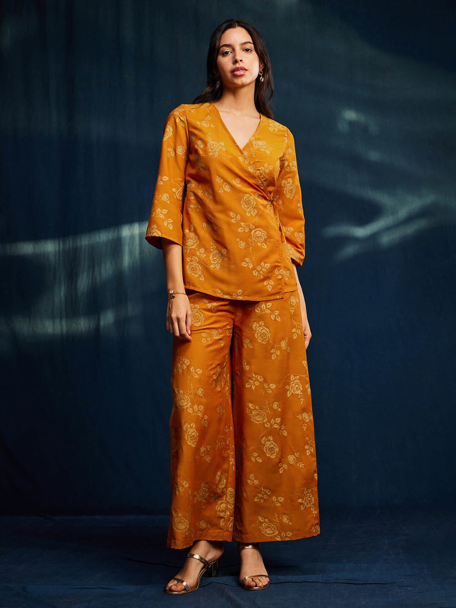 Pink Fort Yellow Floral Print Wrap Top With Pants