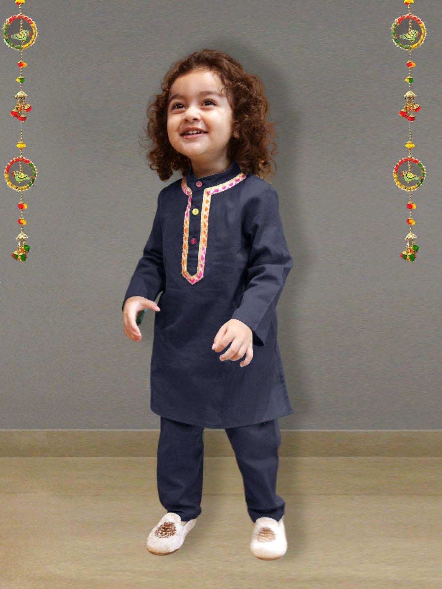 A.T.U.N. Boys Navy Blue Solid Full Sleeves Kurta Set