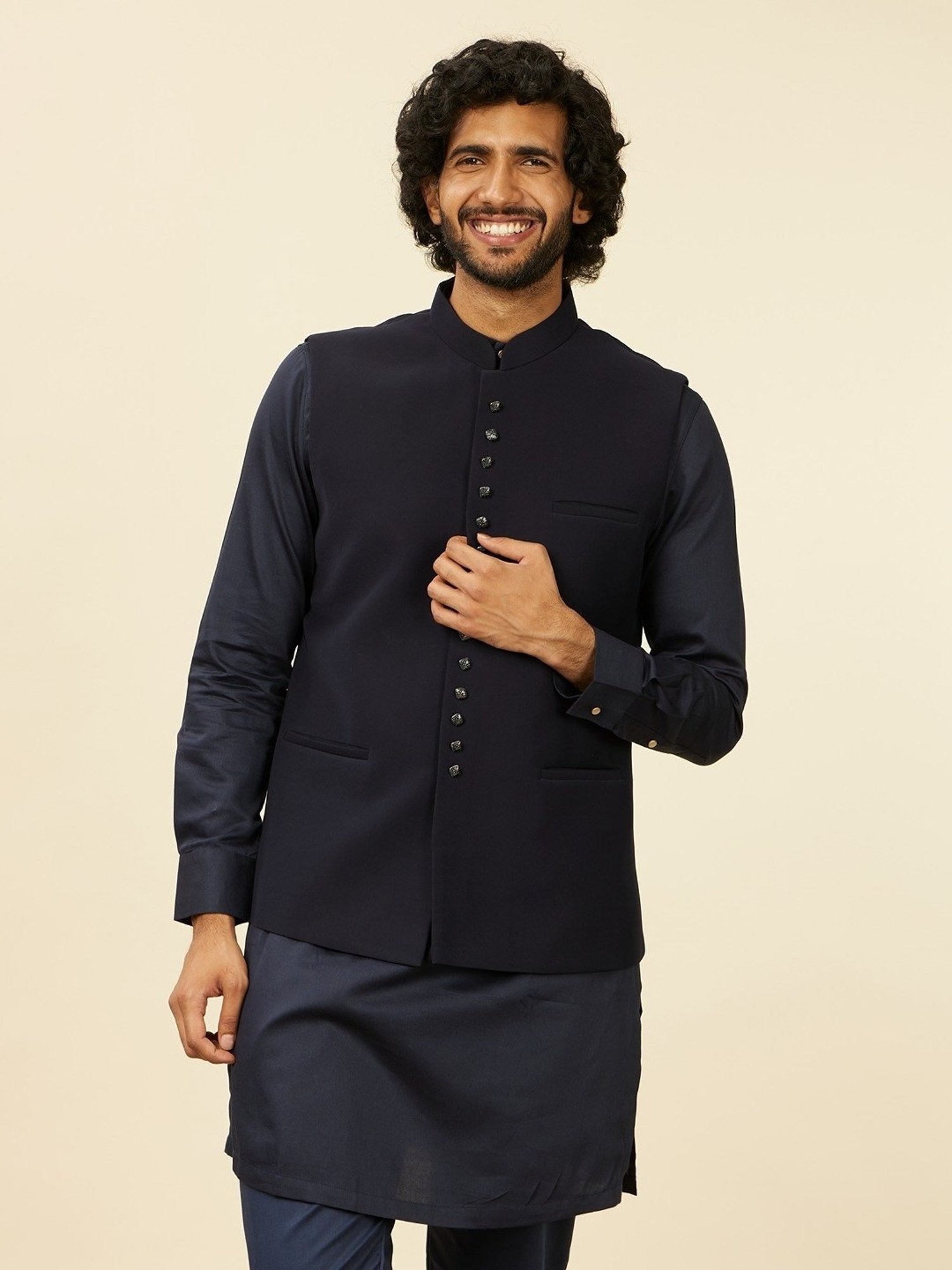 Manyavar Dark Blue Regular Fit Nehru Jacket