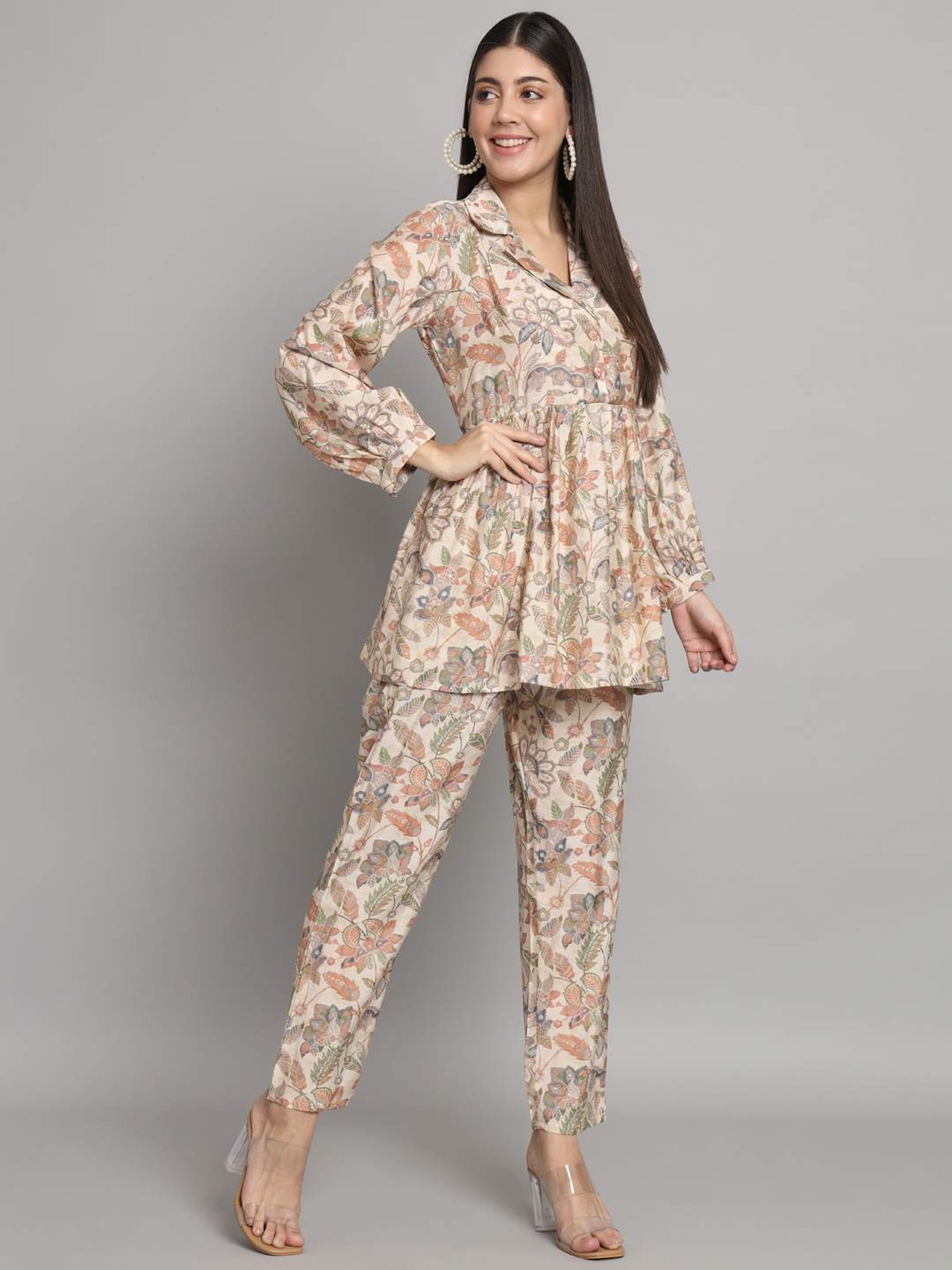 READIPRINT FASHIONS Beige Floral Print Top Pant Set