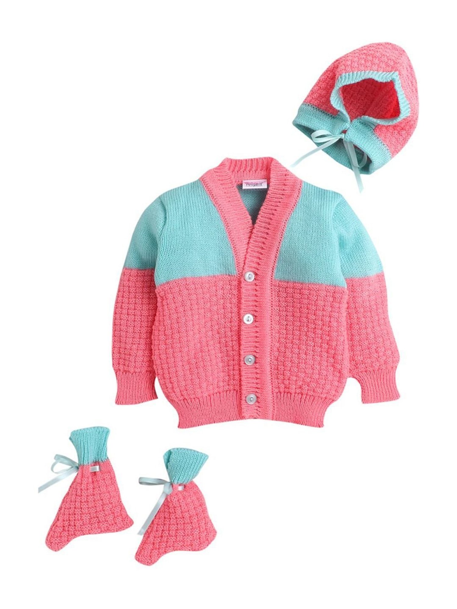 Little Angels Kids Pink & Green Color Block Full Sleeves Sweater Set