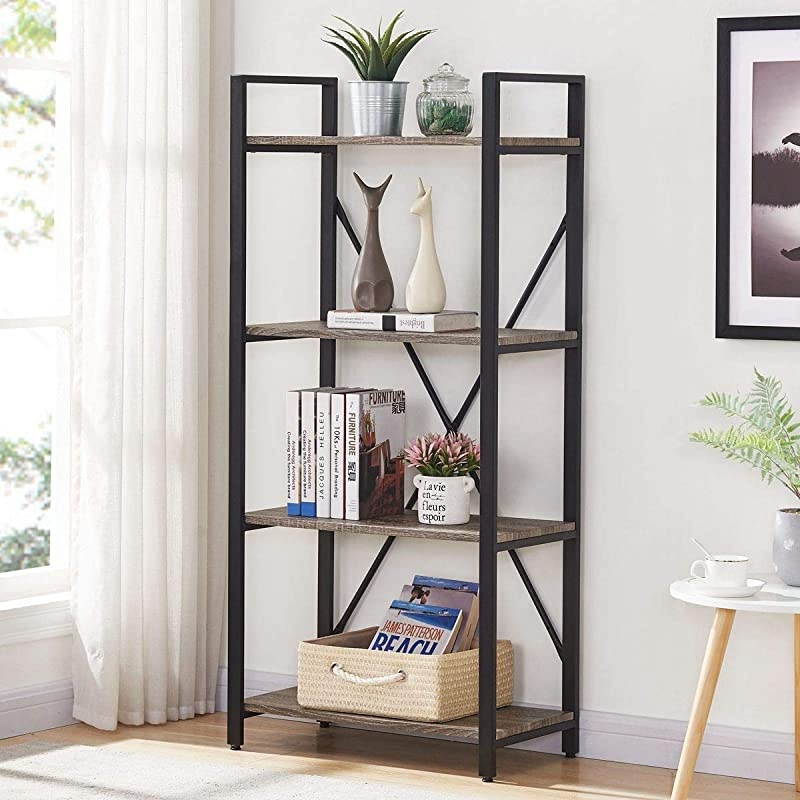 Bookshelf 4 Tier Bookcase Modern Narrow Book Shelf and Book Case Industrial Wood Shelving Unit for Living Room Dark Gray Oak