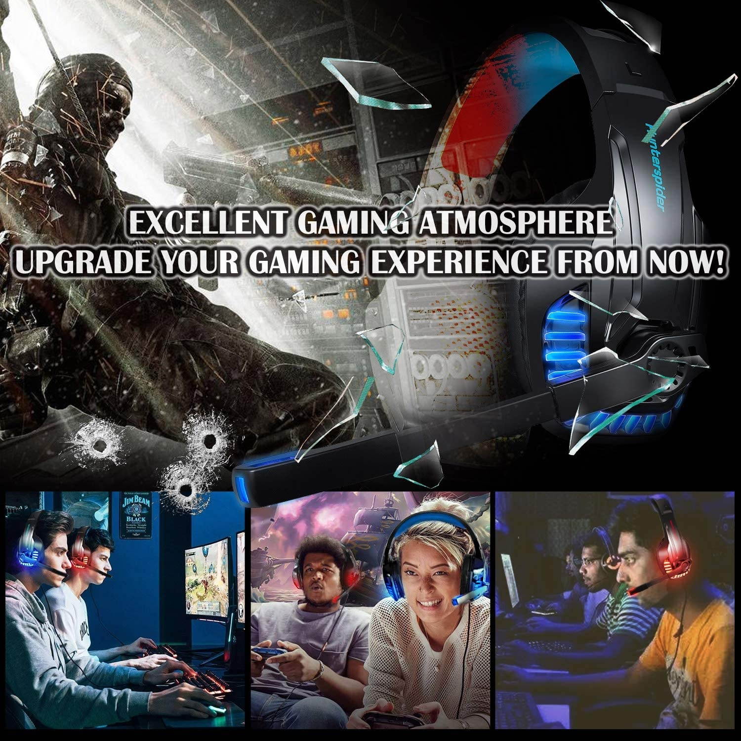 Galopar Gaming Headset Stereo Over-Ear Headset with Surround Bass Sound, Noise Canceling Mic & LED Light PS4 Headset, Over-Ear Headphone for PS4/Xbox One/Nintendo Switch/PC/Laptop/Mobile-Blue