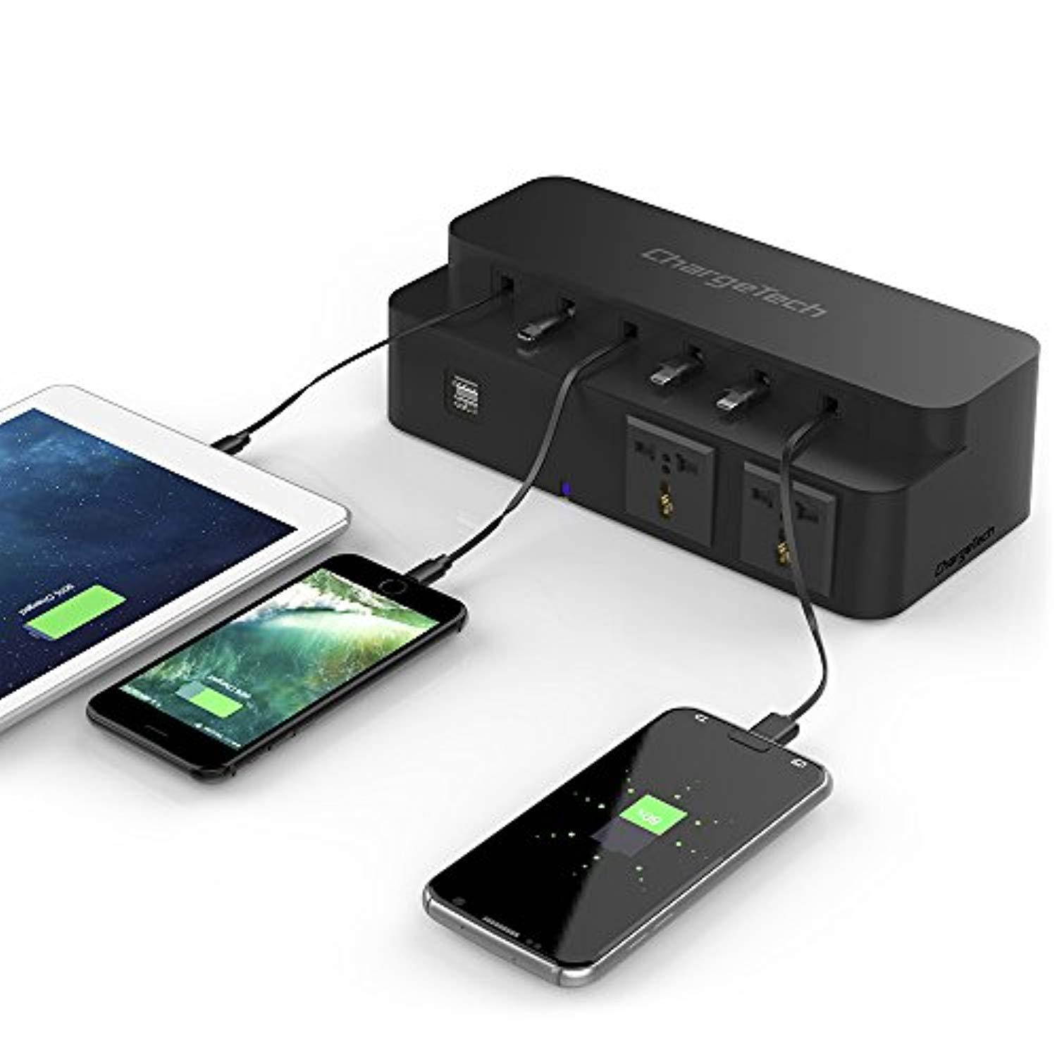 ChargeTech Power Strip Charging Station for Desktop, (6) Retractable Cables, (2) USB Ports, (2) AC Outlets (CS8)