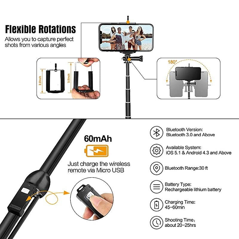 Stick Tripod AllinOne 45 Extendable Phone Tripod Stand Stick with Wireless Remote Compatible for iPhone 11 Pro XS Max XR X SE 8 7 6S Plus Android Samsung Galaxy S10 S9 OnePlus Gopro