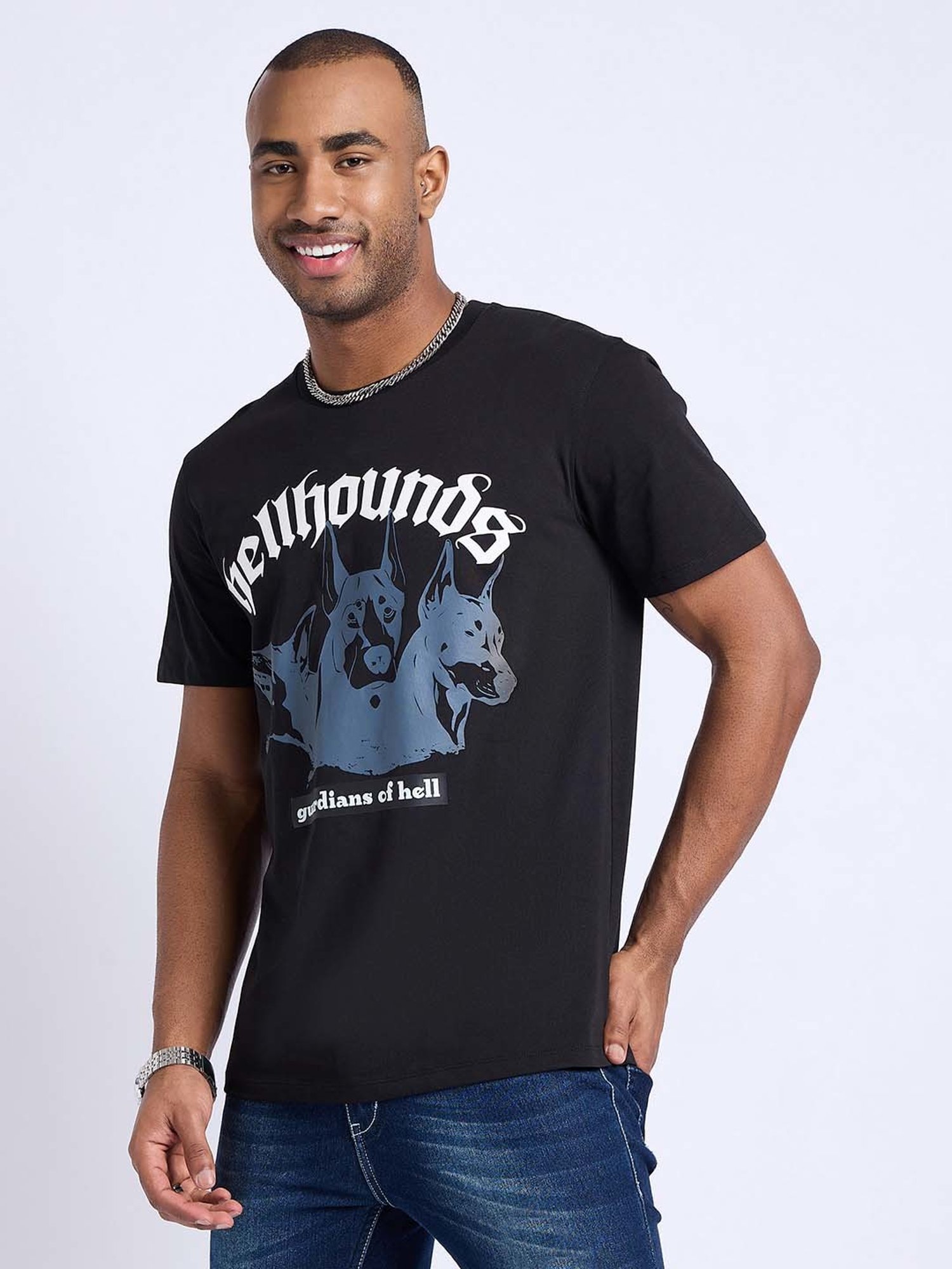 EDRIO Black Regular Fit Graphic Print Crew T-Shirt