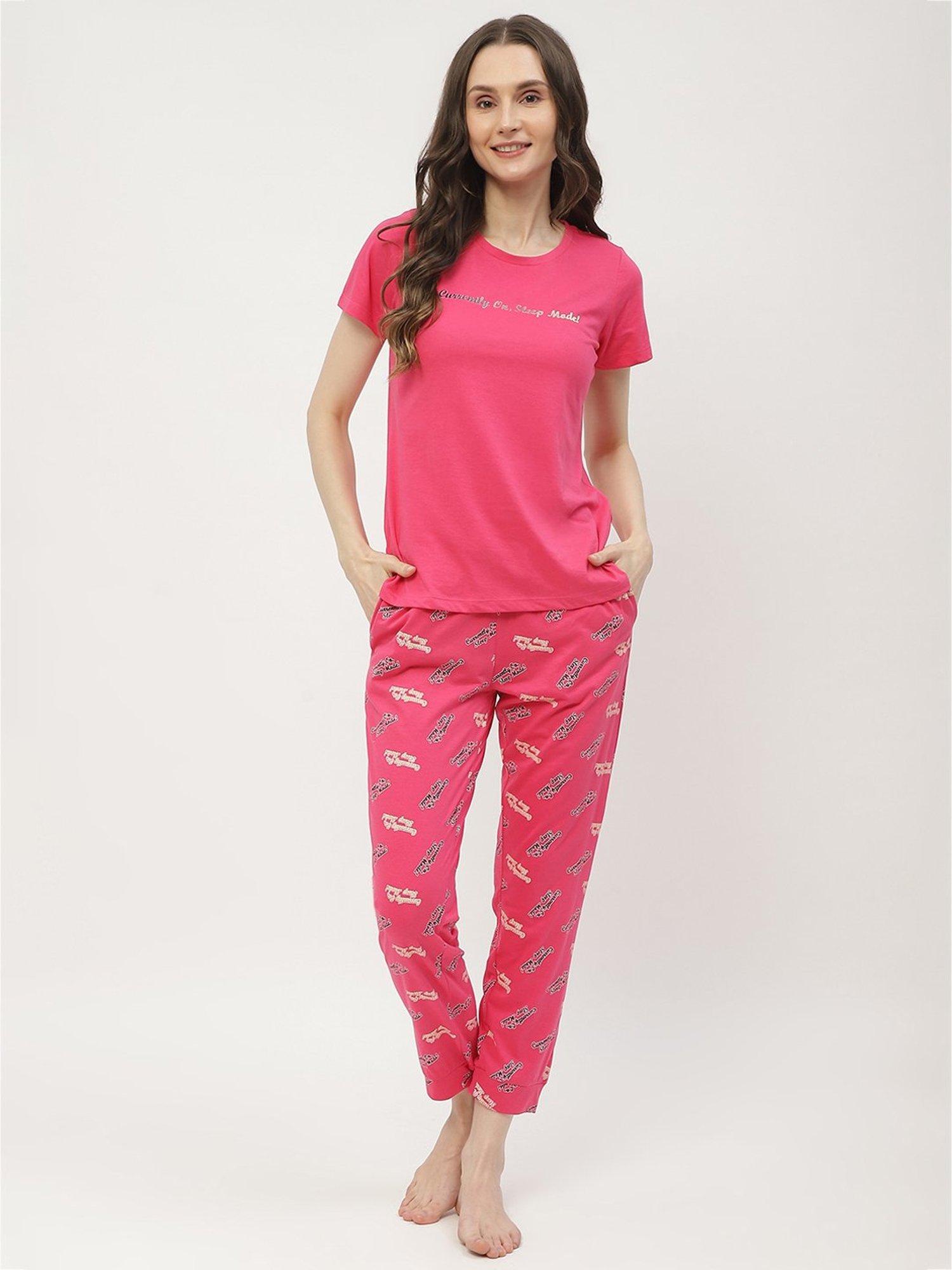 MADAME M Secret Pink Cotton Graphic Print T-Shirt With Pyjamas
