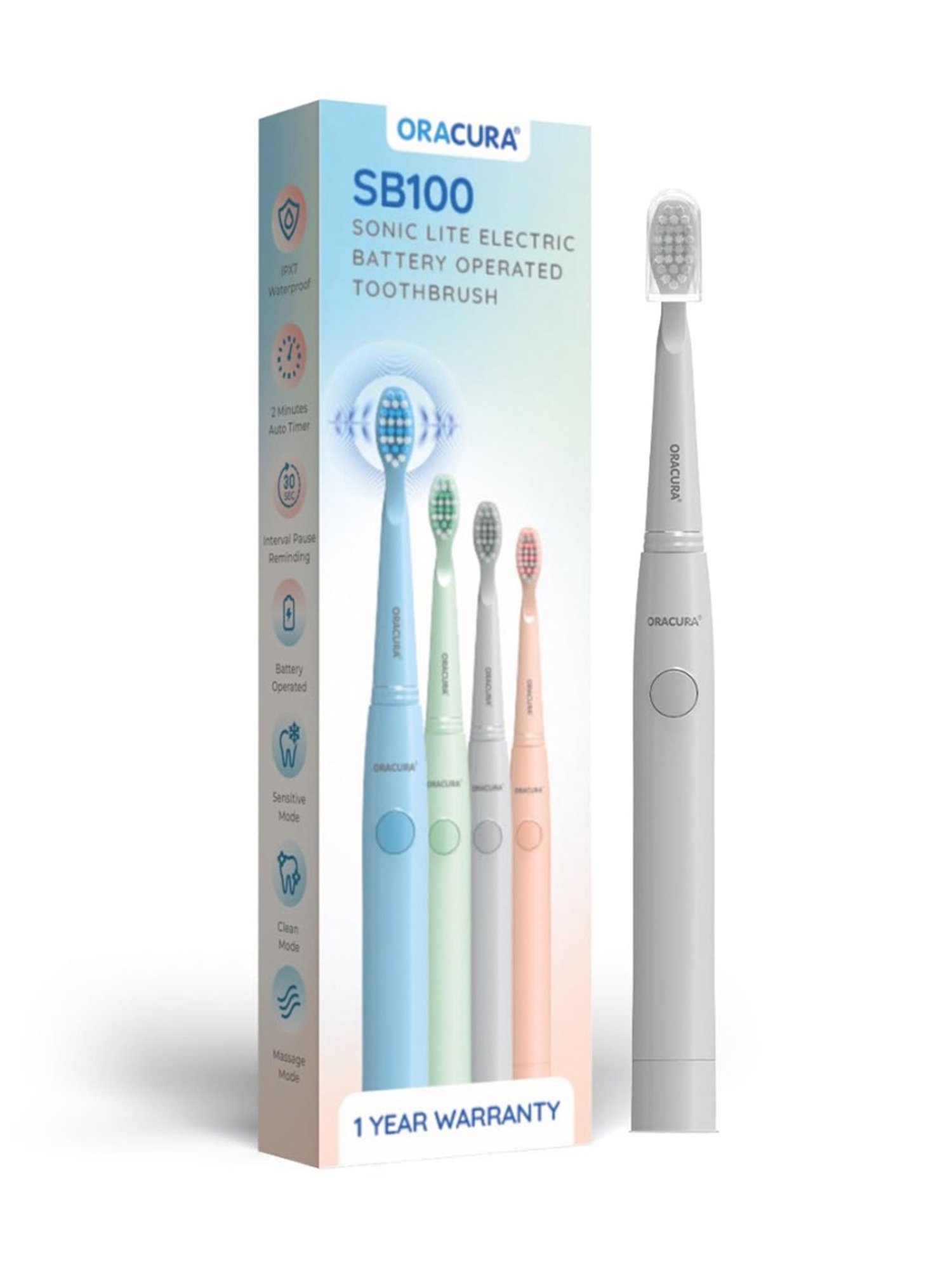 Oracura SB100 Sonic Lite Electric Battery Operated Toothbrush (Grey)
