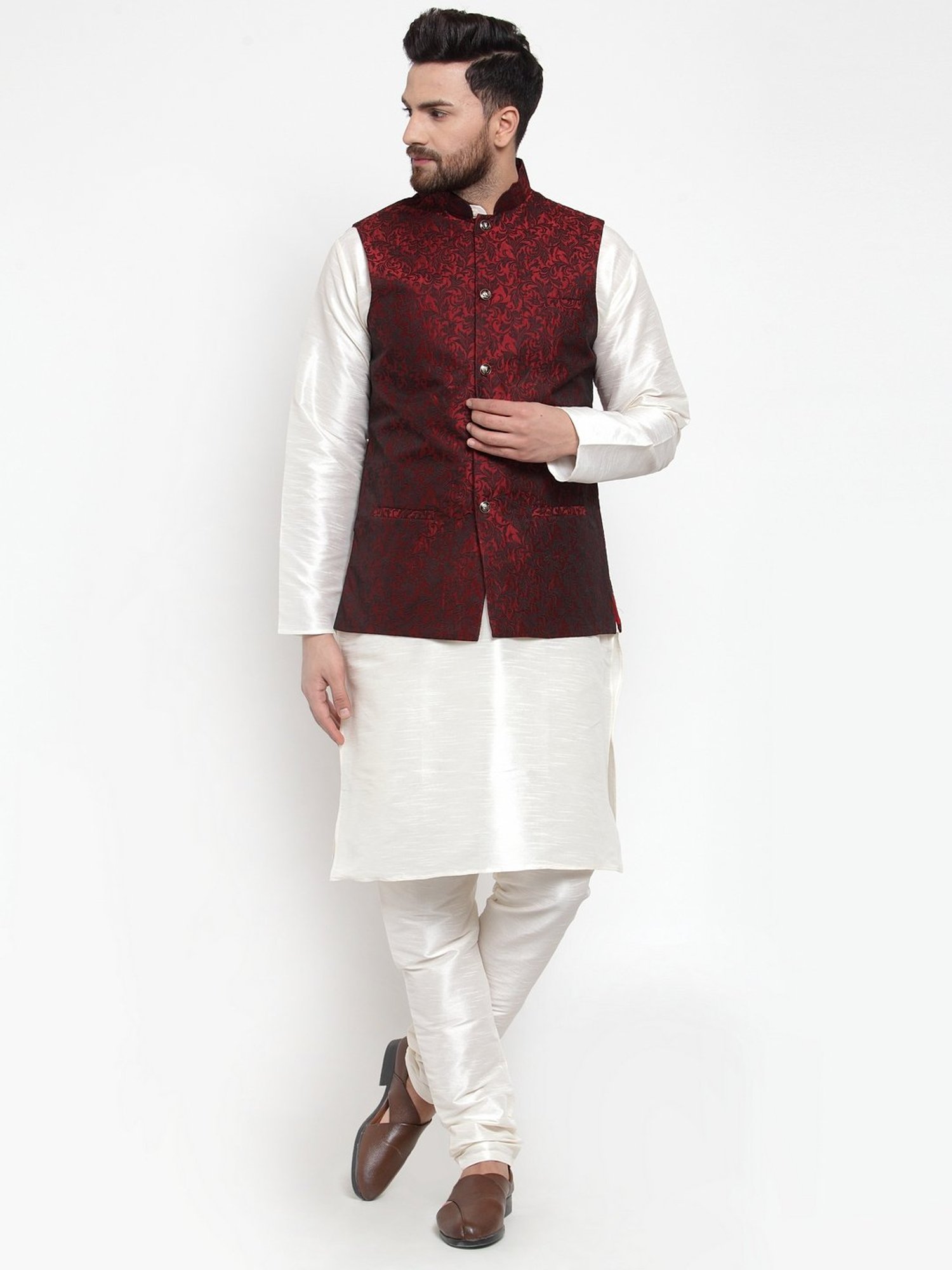 Jompers Maroon Cotton Regular Fit Embroidered Nehru Jacket