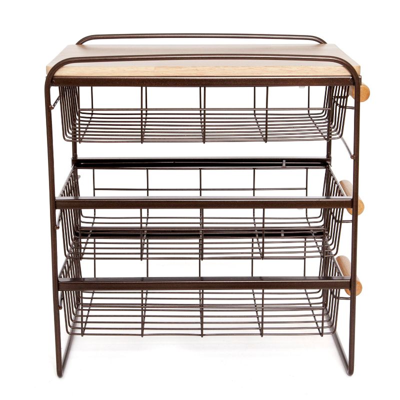 Origami Wood Top Steel Kitchen Organizer 3 Mesh Basket Sliding Drawer, Brown