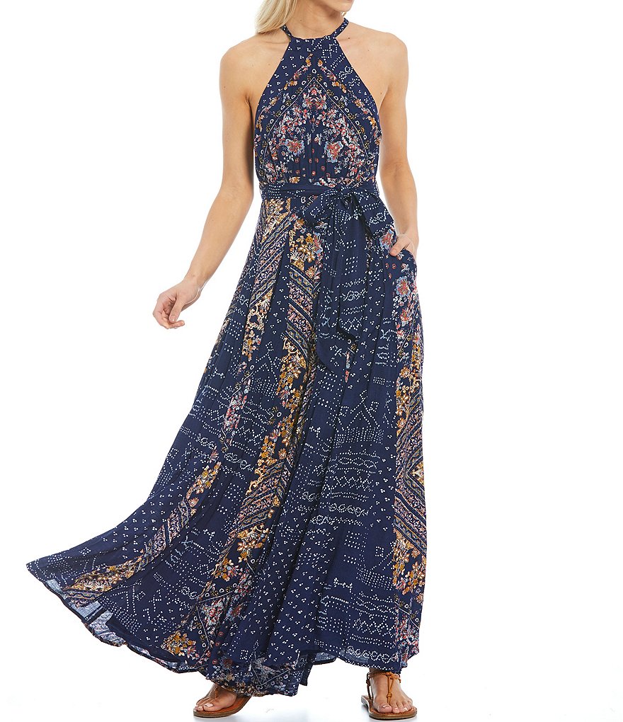 Free People Summer Soire Flare Leg Tie Waist Belt High Halter Sleeveless Jumpsuit