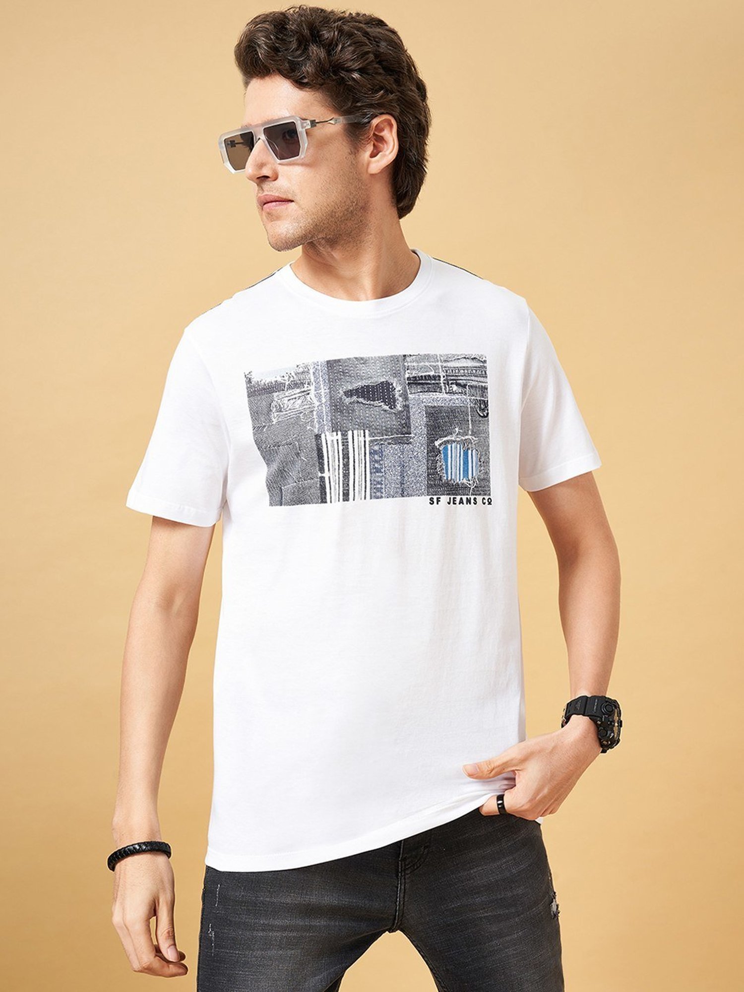 Sf Jeans By Pantaloons White Slim Fit Printed T-Shirt