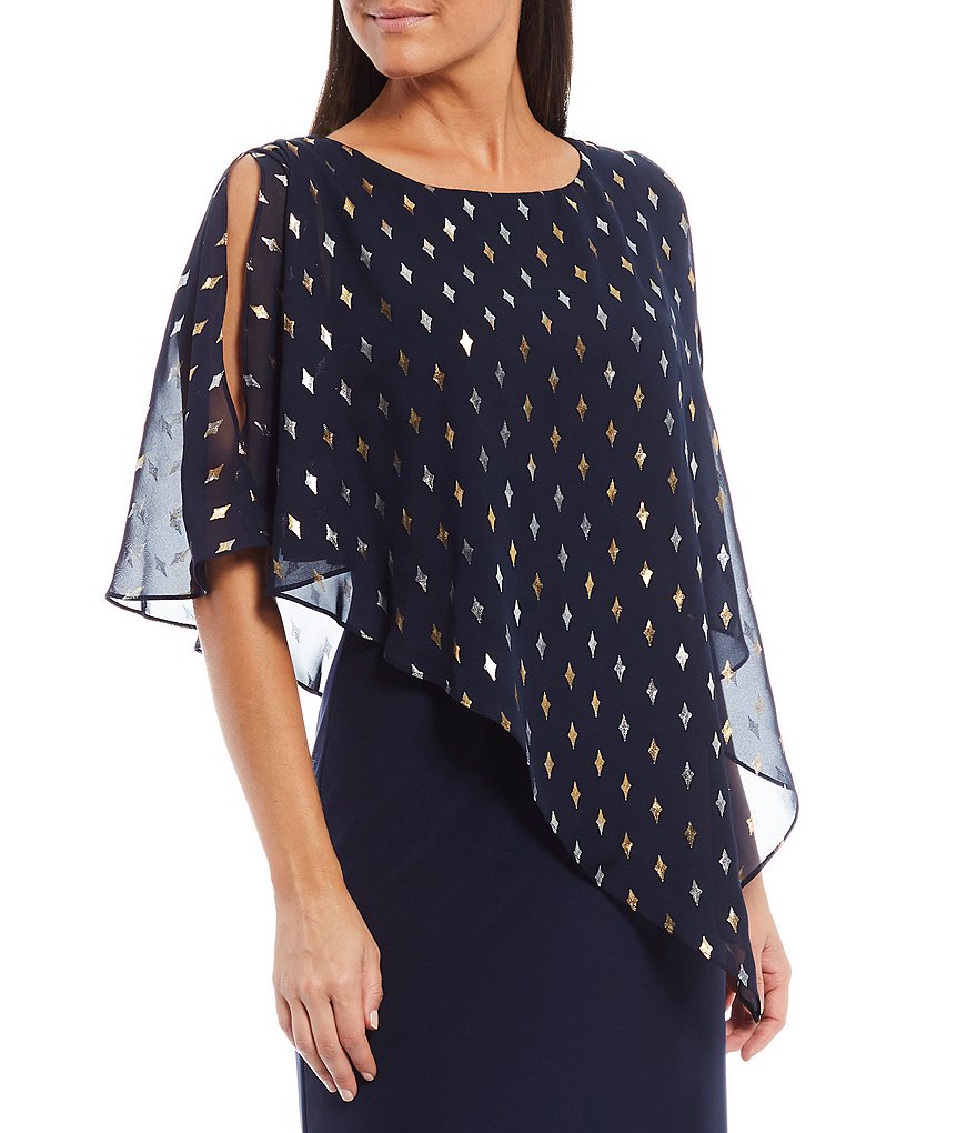 Ignite Evenings Metallic Polka Dot Asymmetric Cape Column Gown