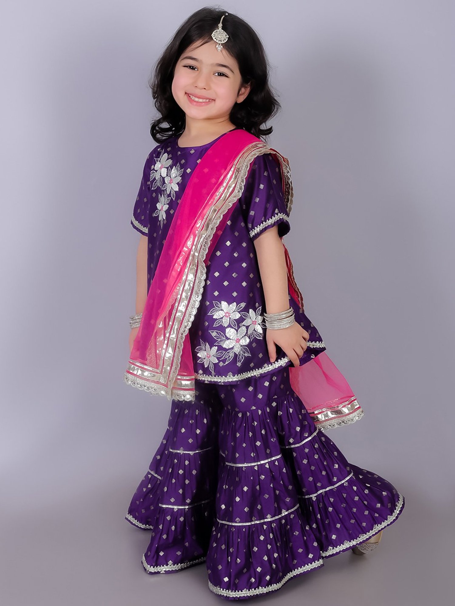 Lil Drama Kids Purple & Pink Embroidered Kurta with Gharara