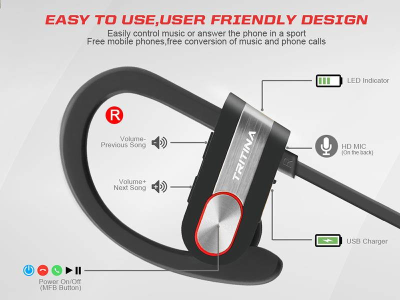 Tritina Sports Bluetooth Earphone Built-in Microphone - Stereo Sound Form Ear Tips, Sweat-proof Sport Earphone Running,Jogging with music(Black with Silver)