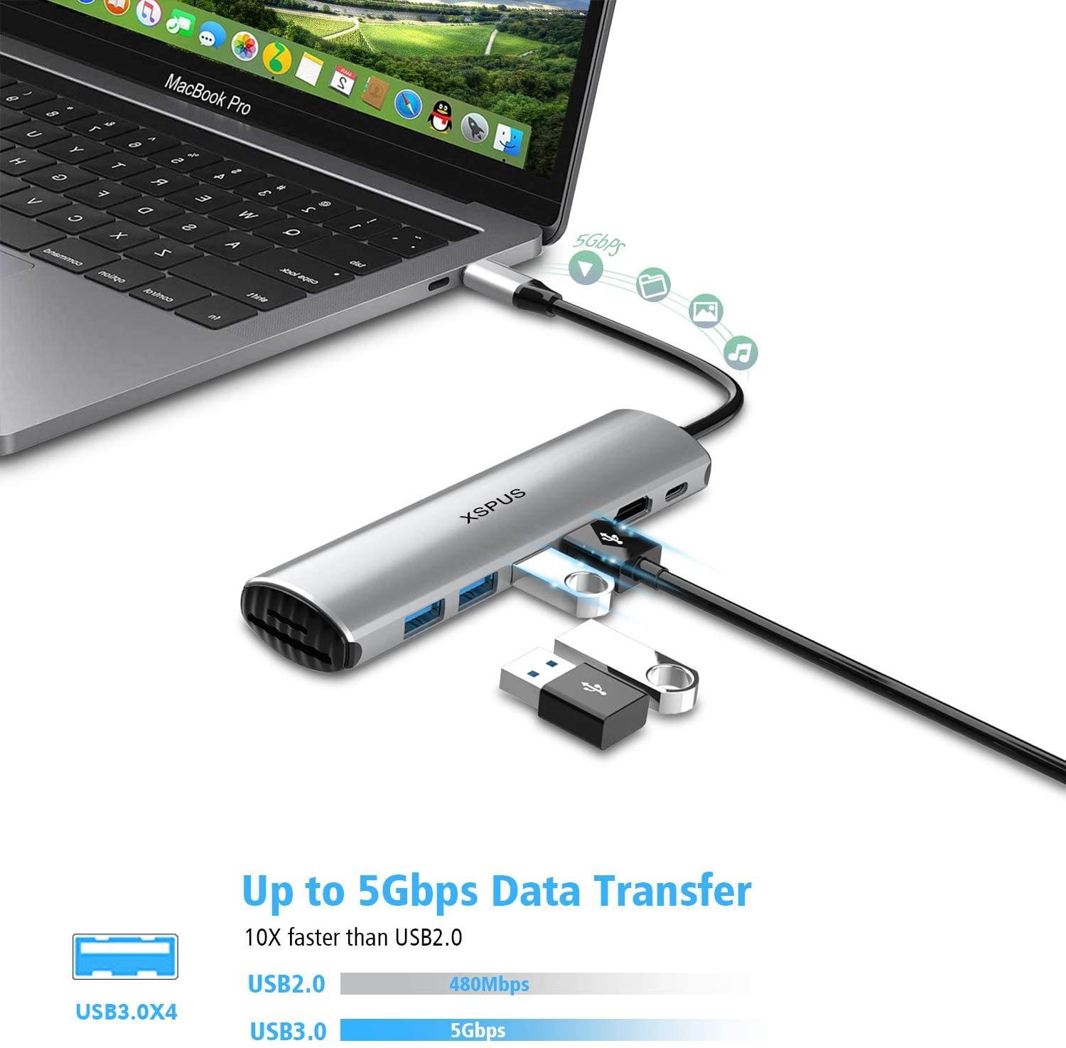 USB C Hub MacBook Pro Adapter - 8 in 1 Portable Aluminum USB C Dongle with USB C Charging, USB C to HDMI, 4 USB 3.0 Ports, SD/TF Card Reader, Compatible for MacBook Pro and More Type C Devices