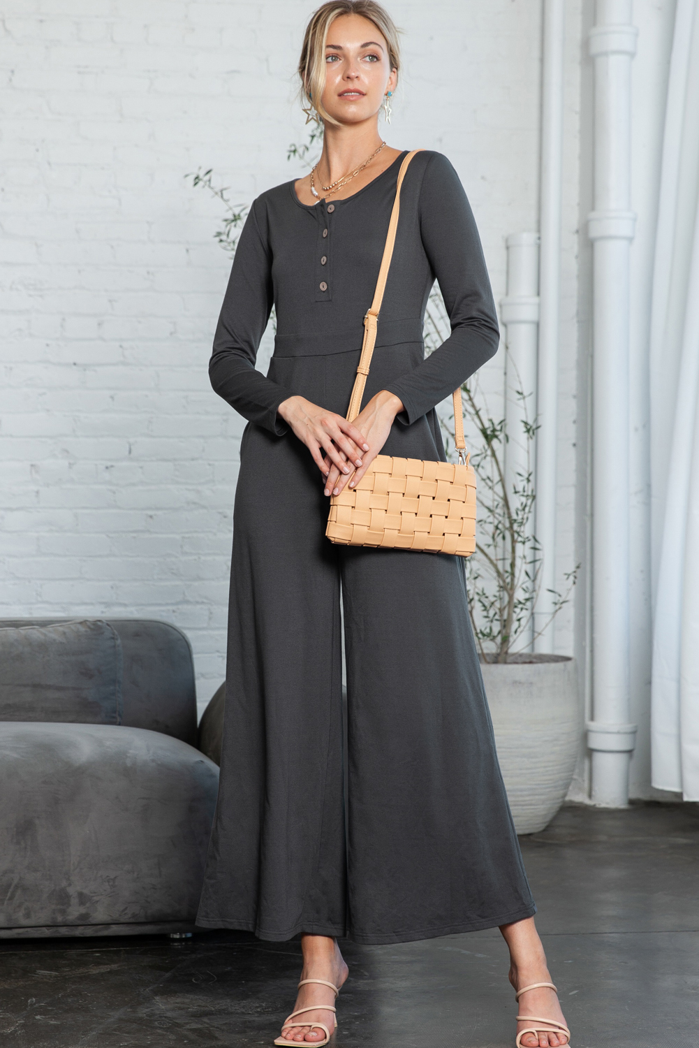 Rose Tan Solid Self Tied Straps Pleated Wide Leg Jumpsuit