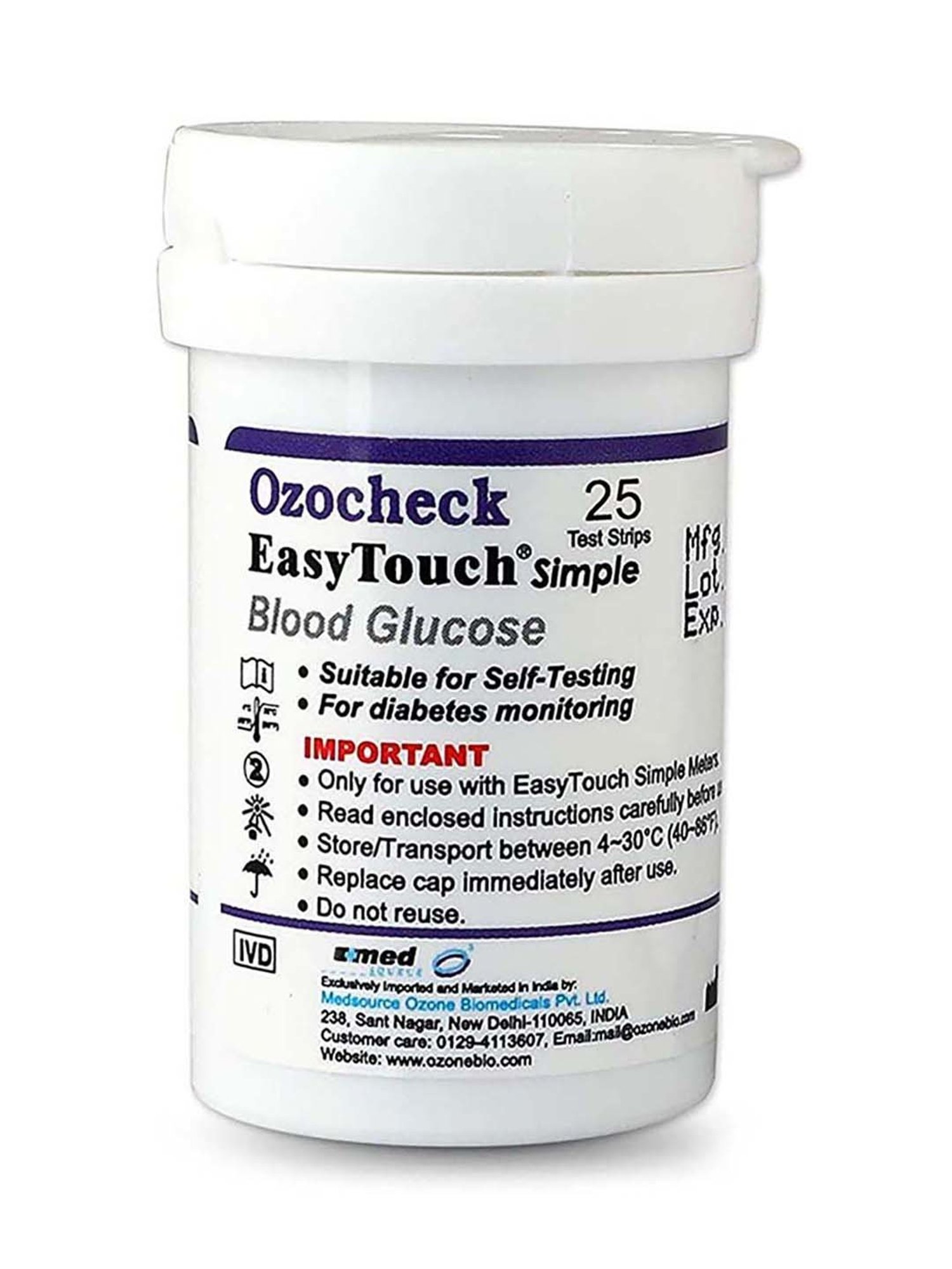 Ozocheck OZE25 Blood Glucose Test Strips, Pack of 25 Strips (White)