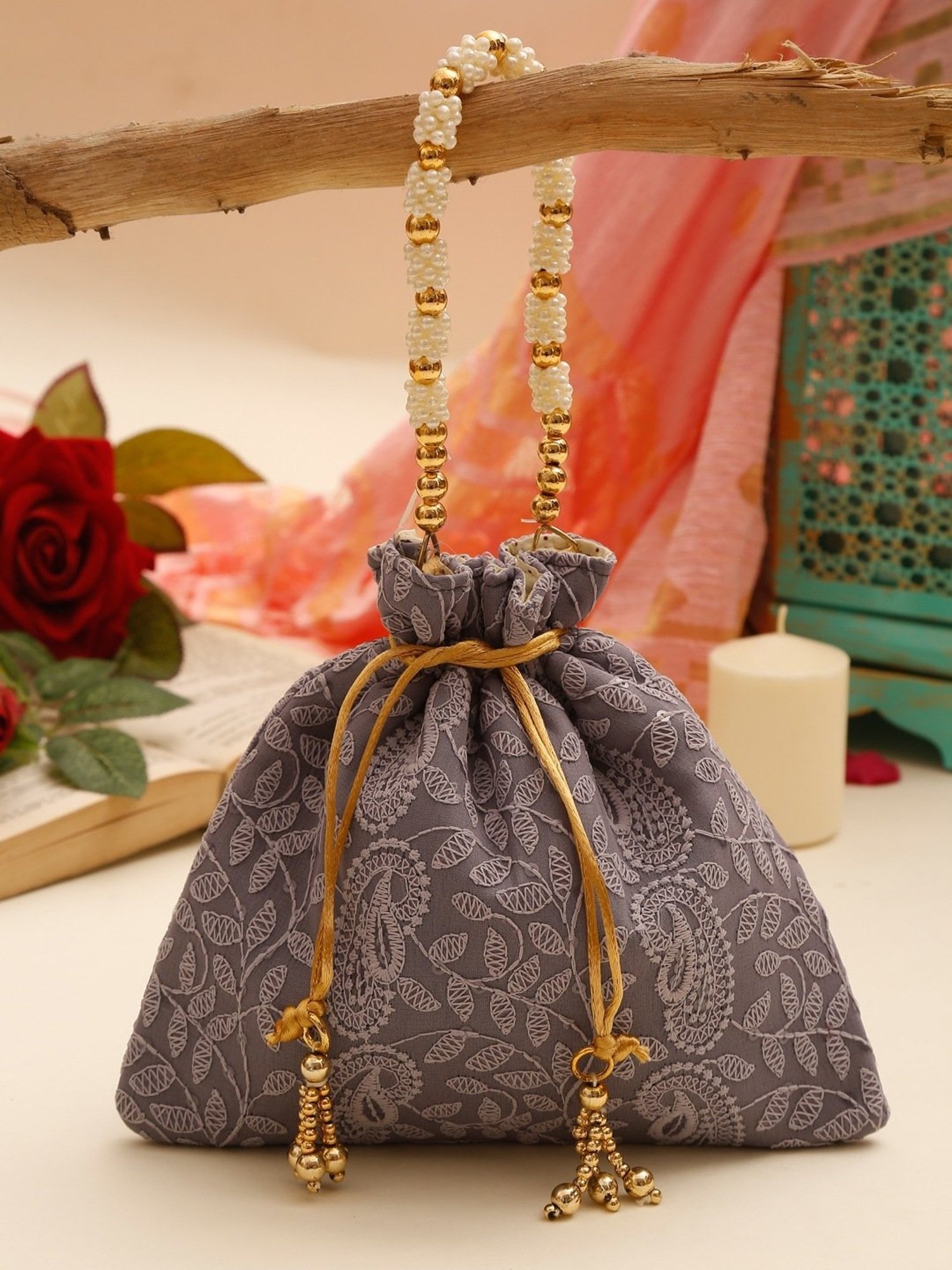 Glam Story Grey Embroidered Small Potli